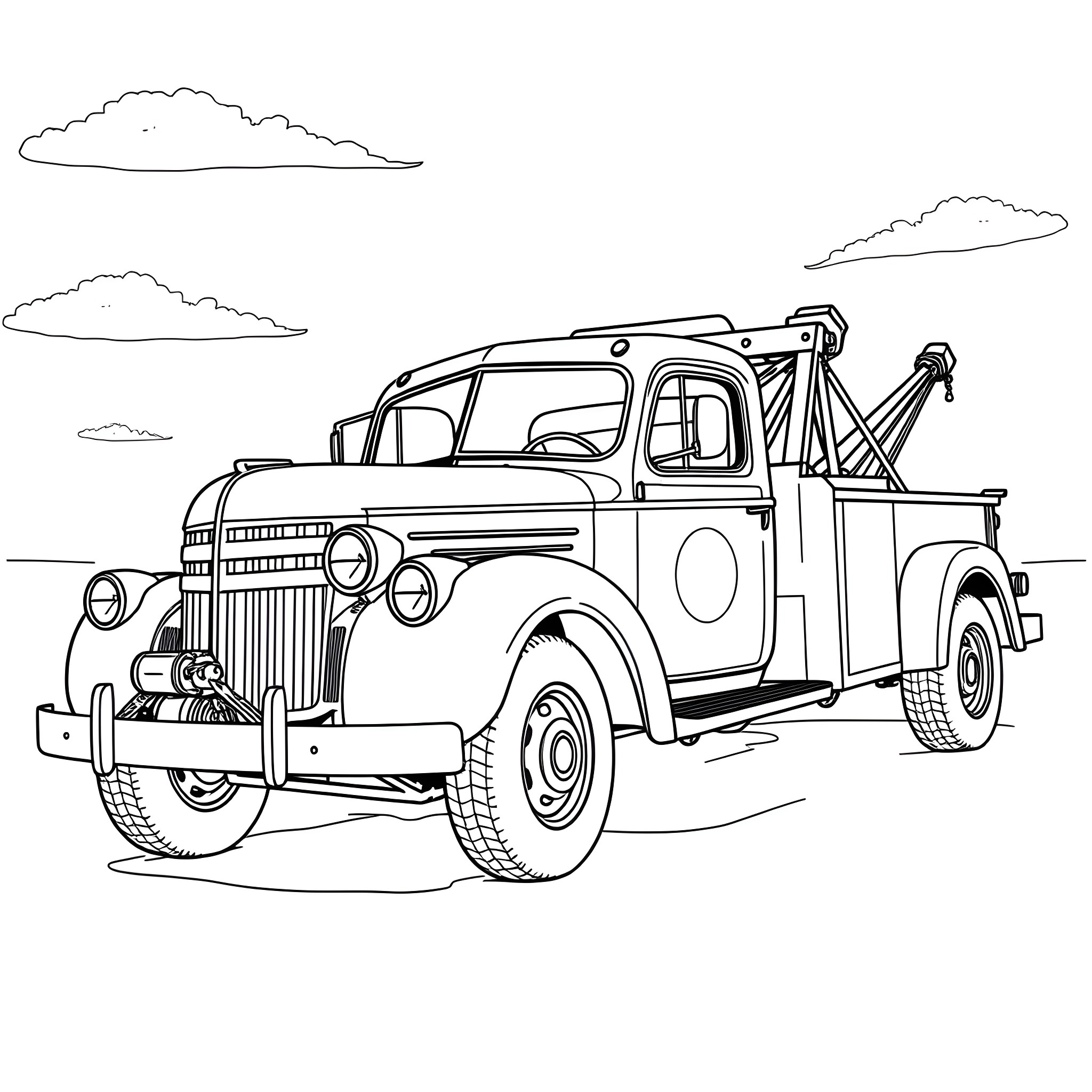 Tow Truck Pulling a Vintage Vehicle on the Road Coloring Page (free black-and-white line drawing printable PDF for all, from beginners to advanced learners, including children, teens, adults, and seniors)