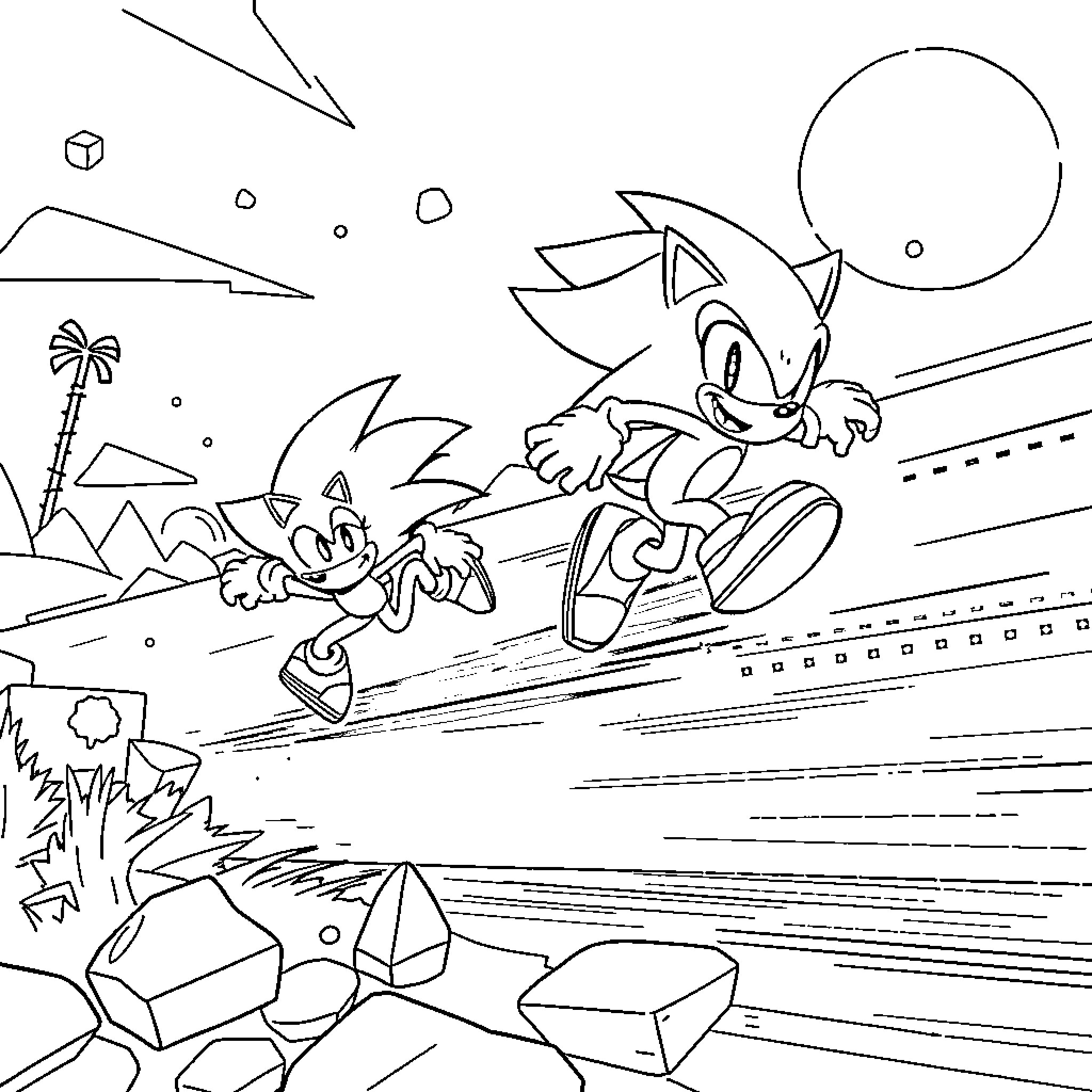 Geometry Dash: Sonic and Tails racing through a surreal landscape Coloring Page (free black-and-white line drawing printable PDF for all, from beginners to advanced learners, including children, teens, adults, and seniors)