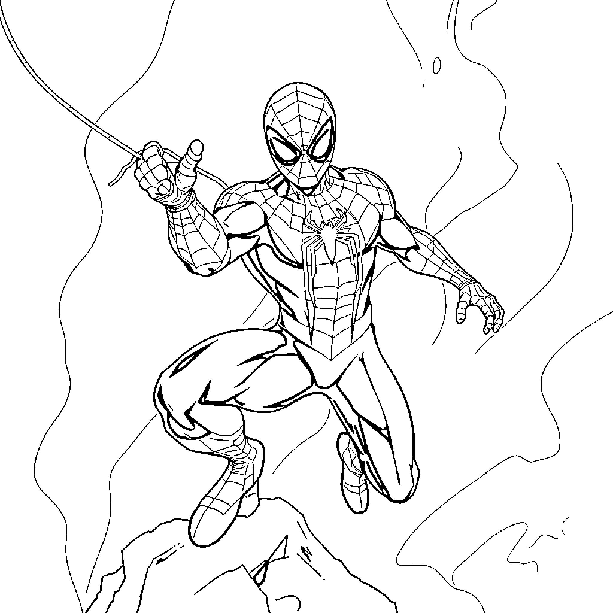 Spiderman swinging through the air using webs Coloring Page (free black-and-white line drawing printable PDF for all, from beginners to advanced learners, including children, teens, adults, and seniors)