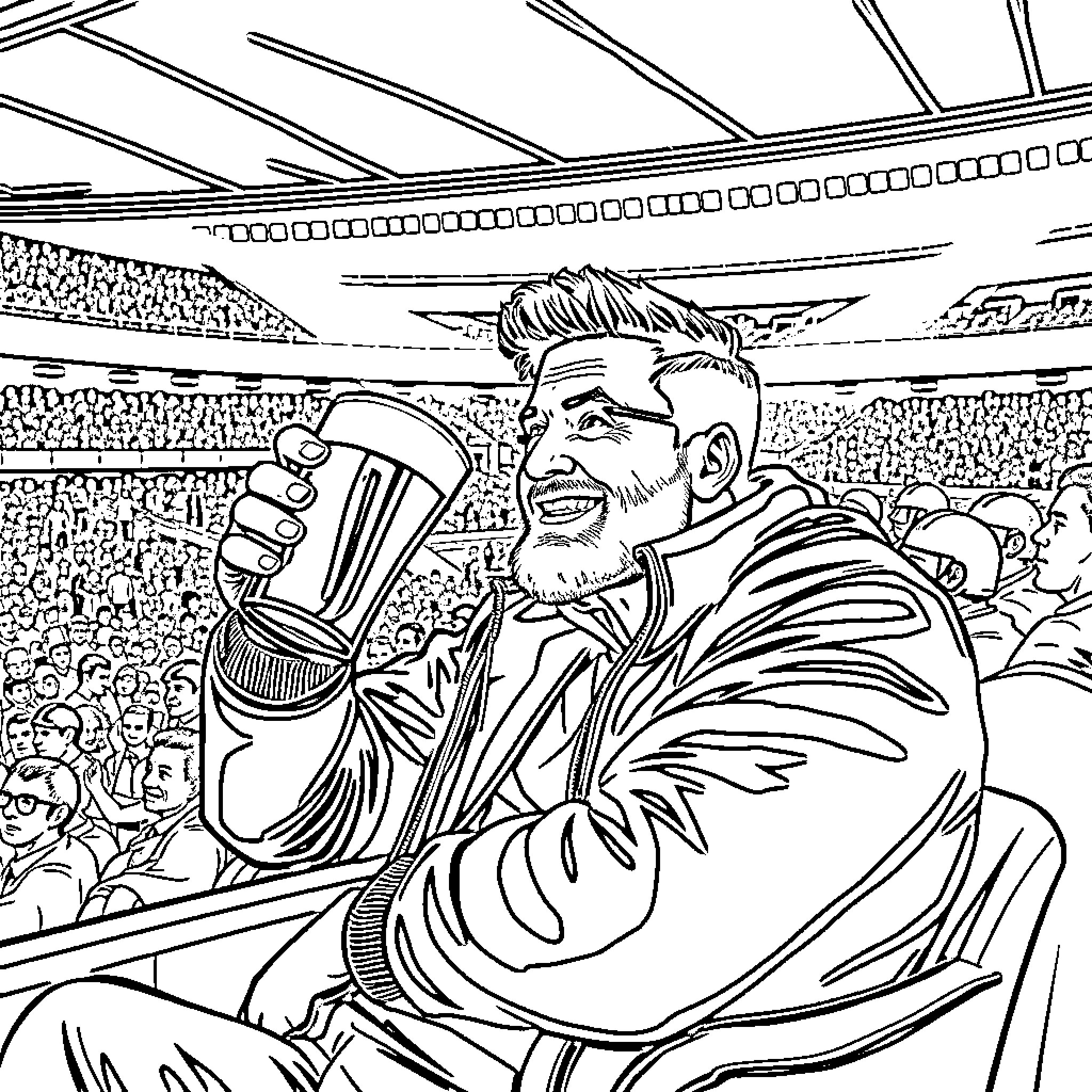 Man celebrating victory at a sporting event Coloring Page (free black-and-white line drawing printable PDF for all, from beginners to advanced learners, including children, teens, adults, and seniors)
