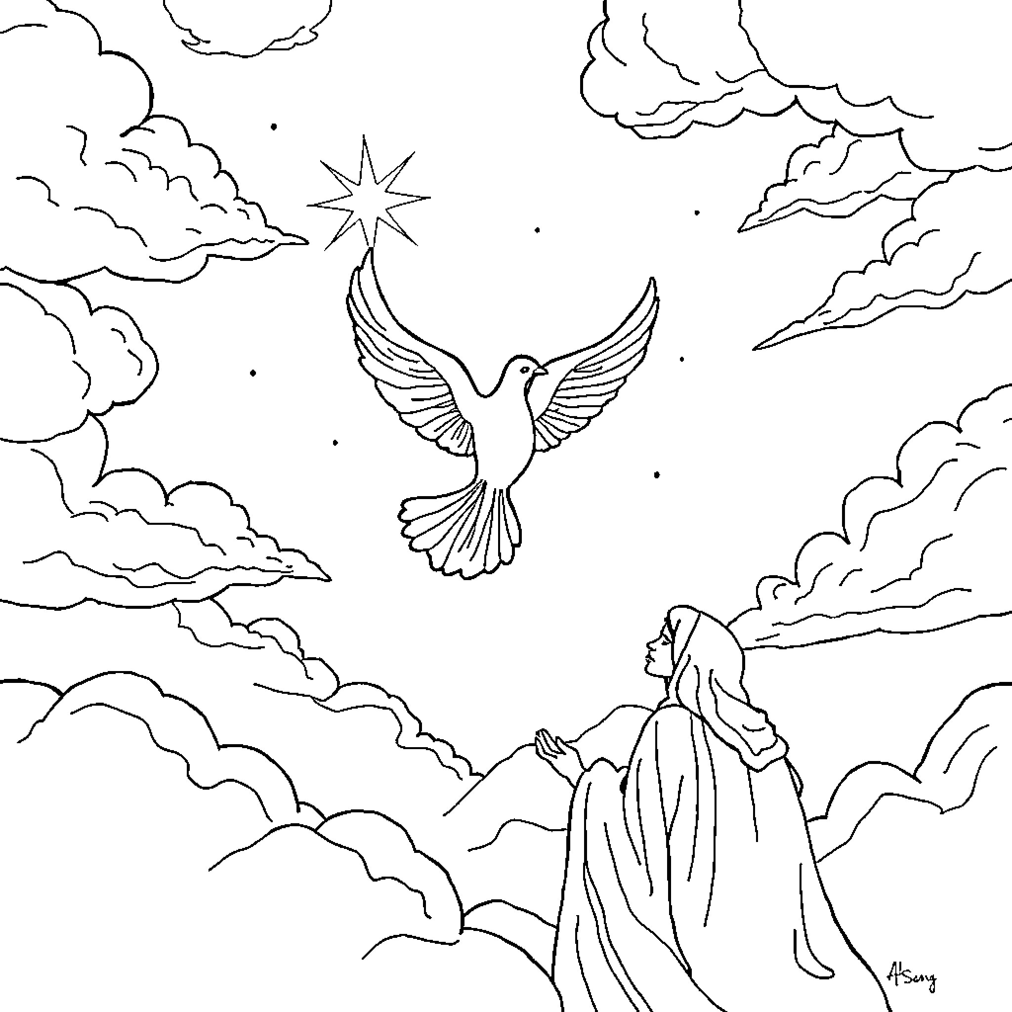 Dove soaring in the cloudy sky Coloring Page (free black-and-white line drawing printable PDF for all, from beginners to advanced learners, including children, teens, adults, and seniors)