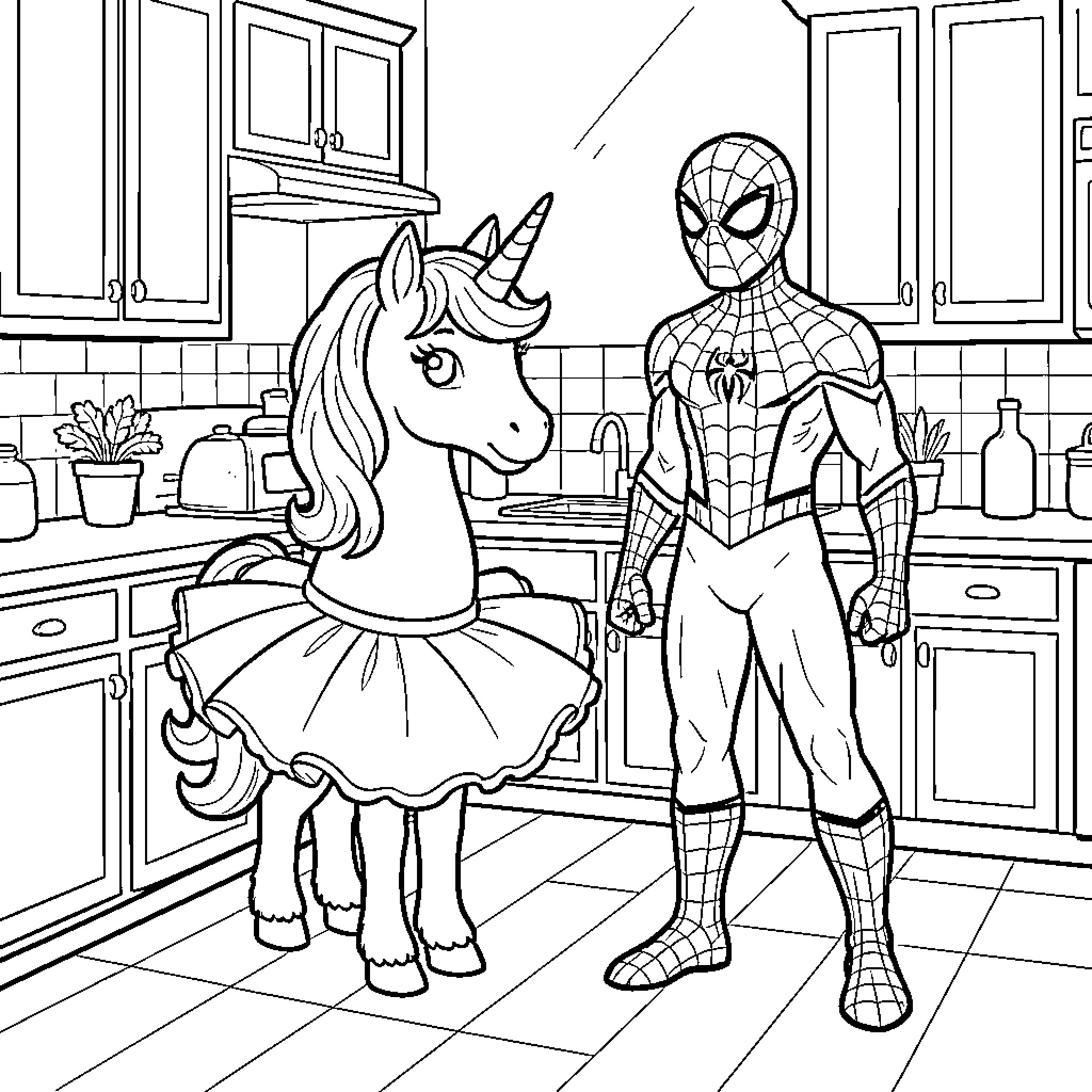 Licorne wearing a tutu standing next to Spider-Man Coloring Page (free black-and-white line drawing printable PDF for all, from beginners to advanced learners, including children, teens, adults, and seniors)