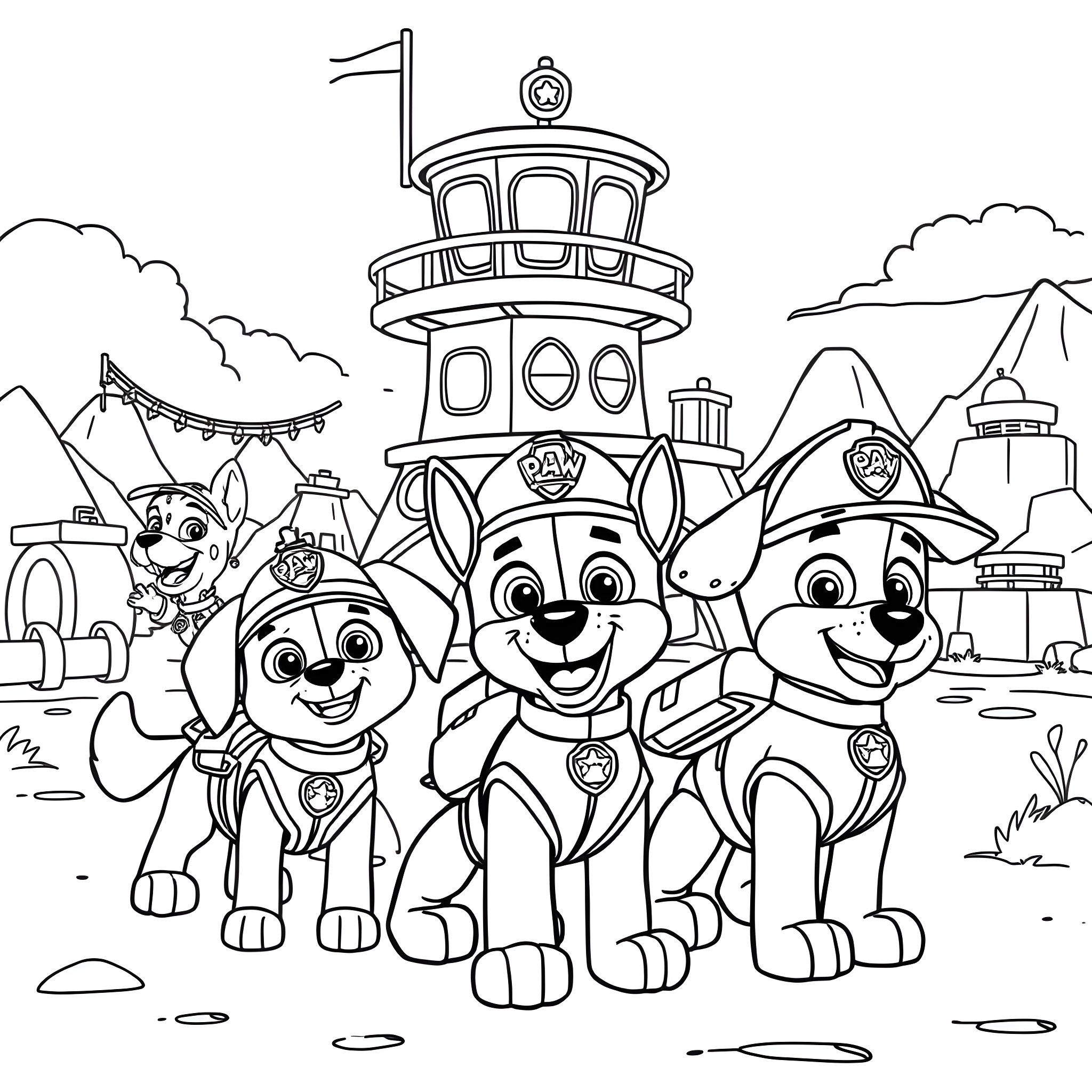 Paw Patrol characters in a fun and adventurous scene Coloring Page (free black-and-white line drawing printable PDF for all, from beginners to advanced learners, including children, teens, adults, and seniors)