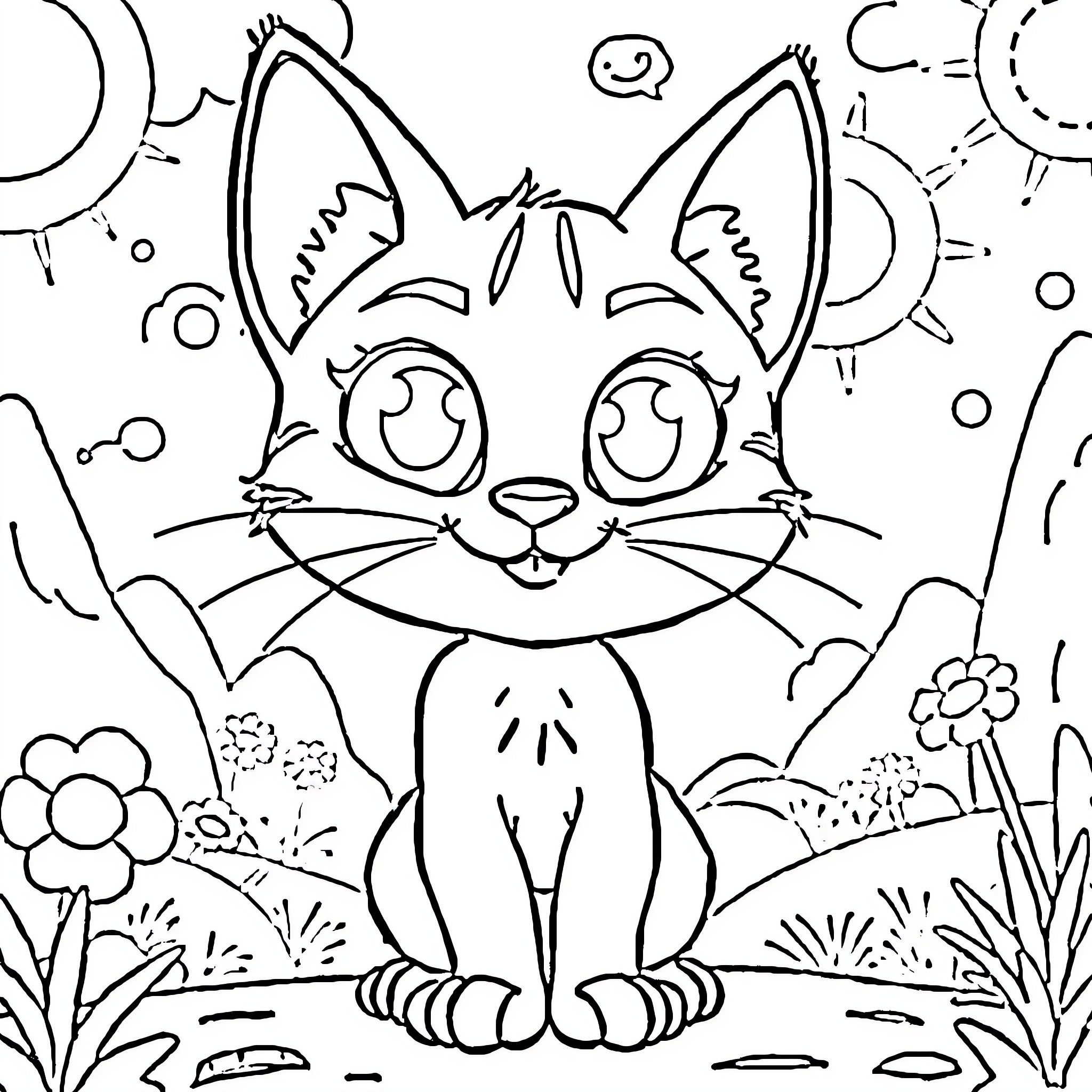 Cat enjoying nature in a whimsical garden Coloring Page (free black-and-white line drawing printable PDF for all, from beginners to advanced learners, including children, teens, adults, and seniors)