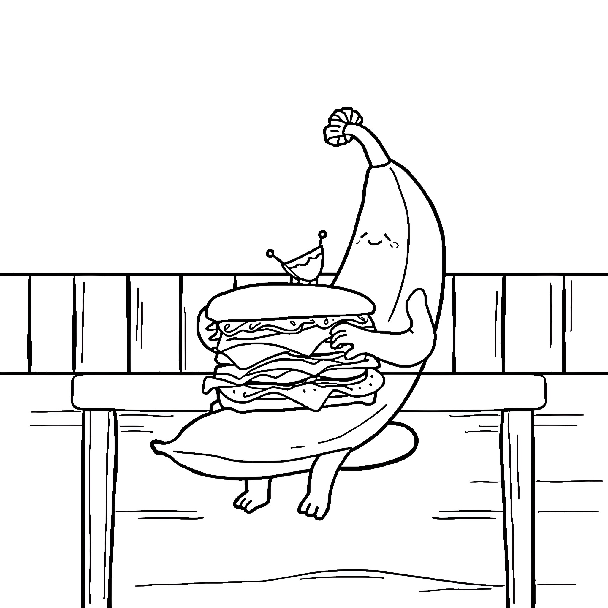 Banana enjoying a giant hamburger on a bench Coloring Page (free black-and-white line drawing printable PDF for all, from beginners to advanced learners, including children, teens, adults, and seniors)