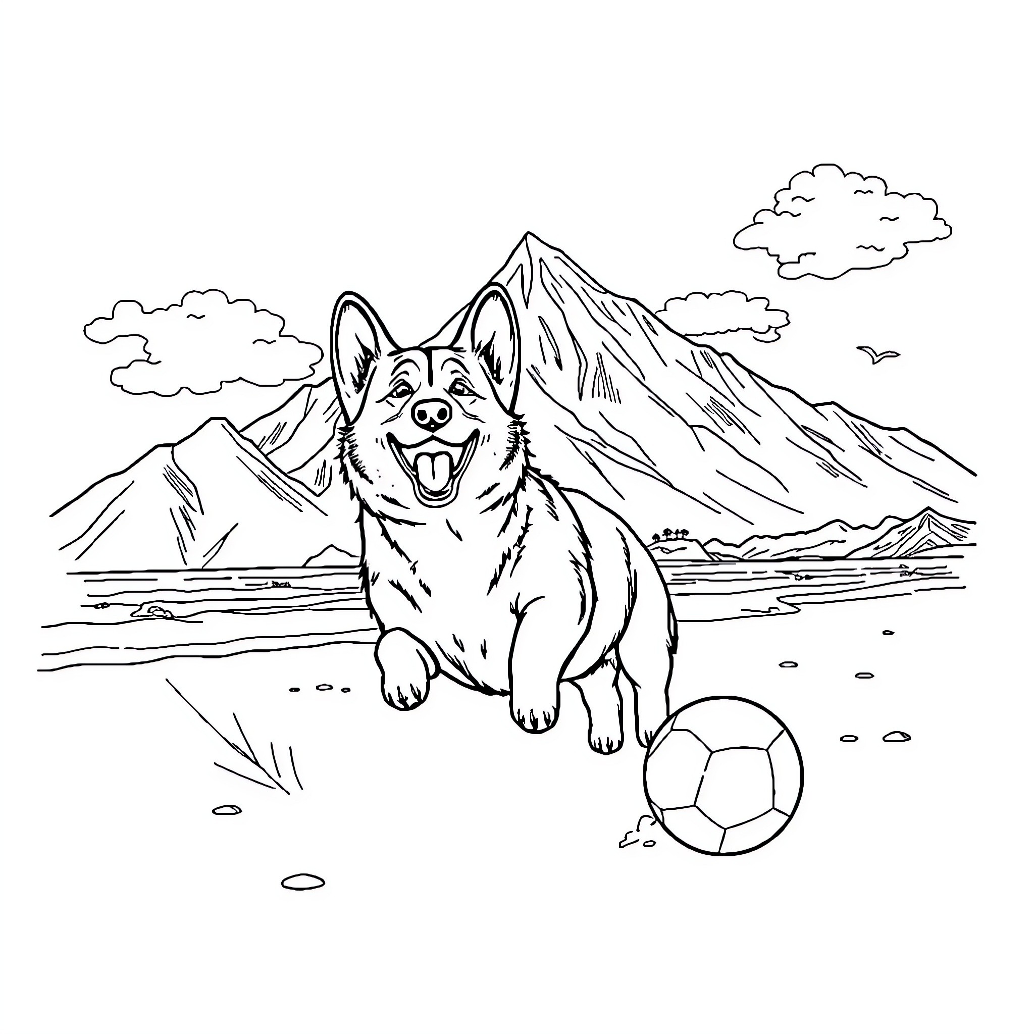 Corgi playing joyfully with a soccer ball in nature Coloring Page (free black-and-white line drawing printable PDF for all, from beginners to advanced learners, including children, teens, adults, and seniors)