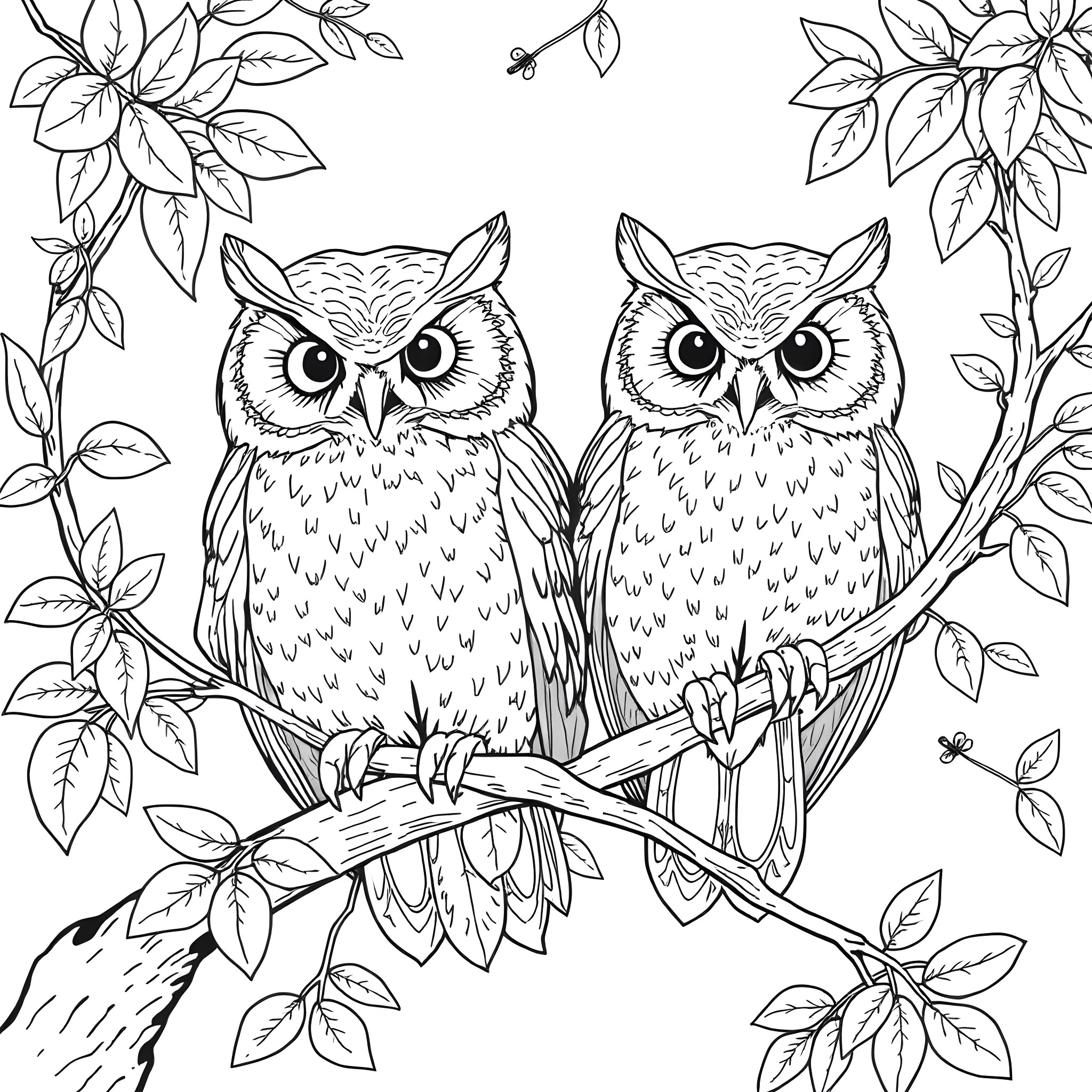 Owl pair in a floral forest scene Coloring Page (free black-and-white line drawing printable PDF for all, from beginners to advanced learners, including children, teens, adults, and seniors)