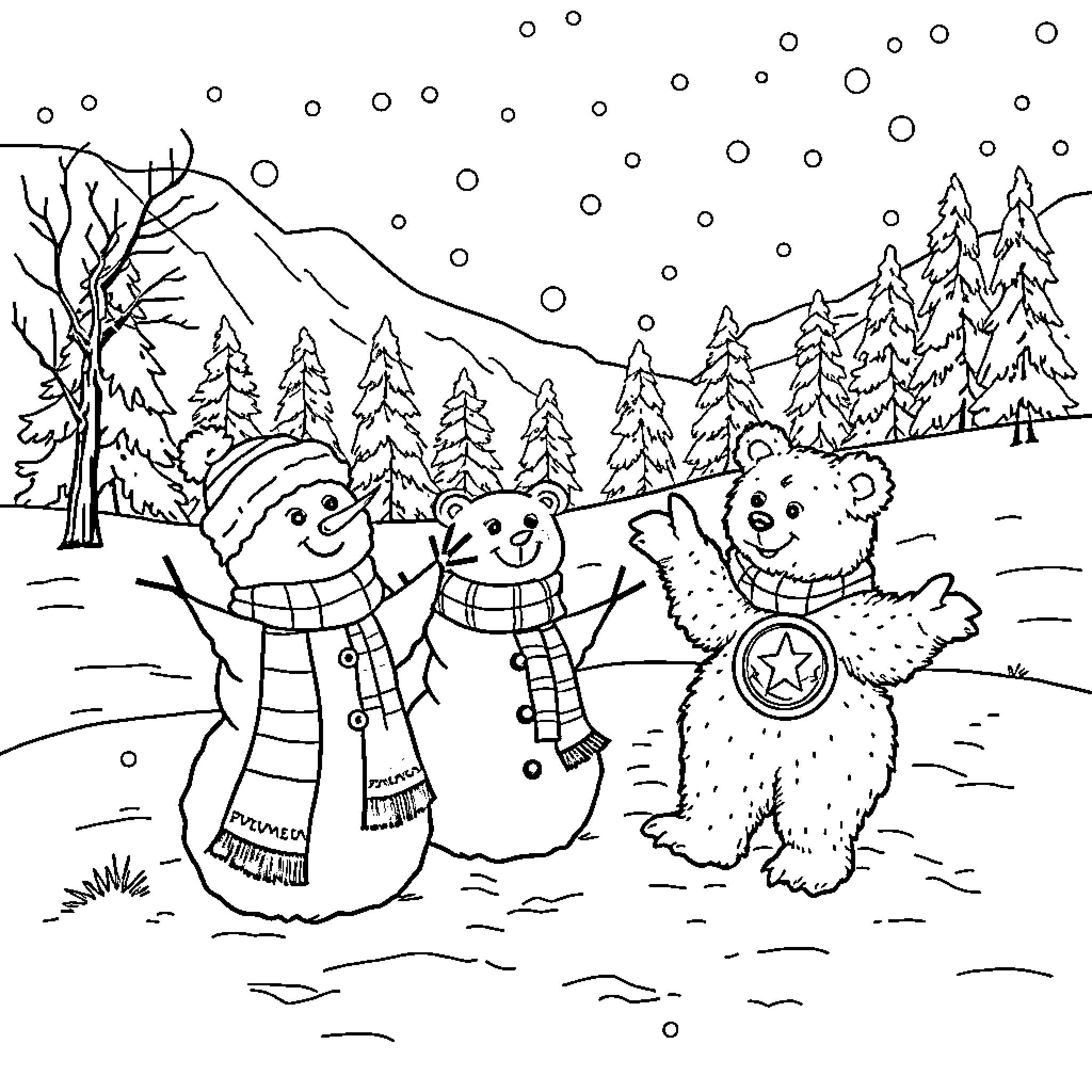 Snowman friends building winter wonderland Coloring Page (free black-and-white line drawing printable PDF for all, from beginners to advanced learners, including children, teens, adults, and seniors)