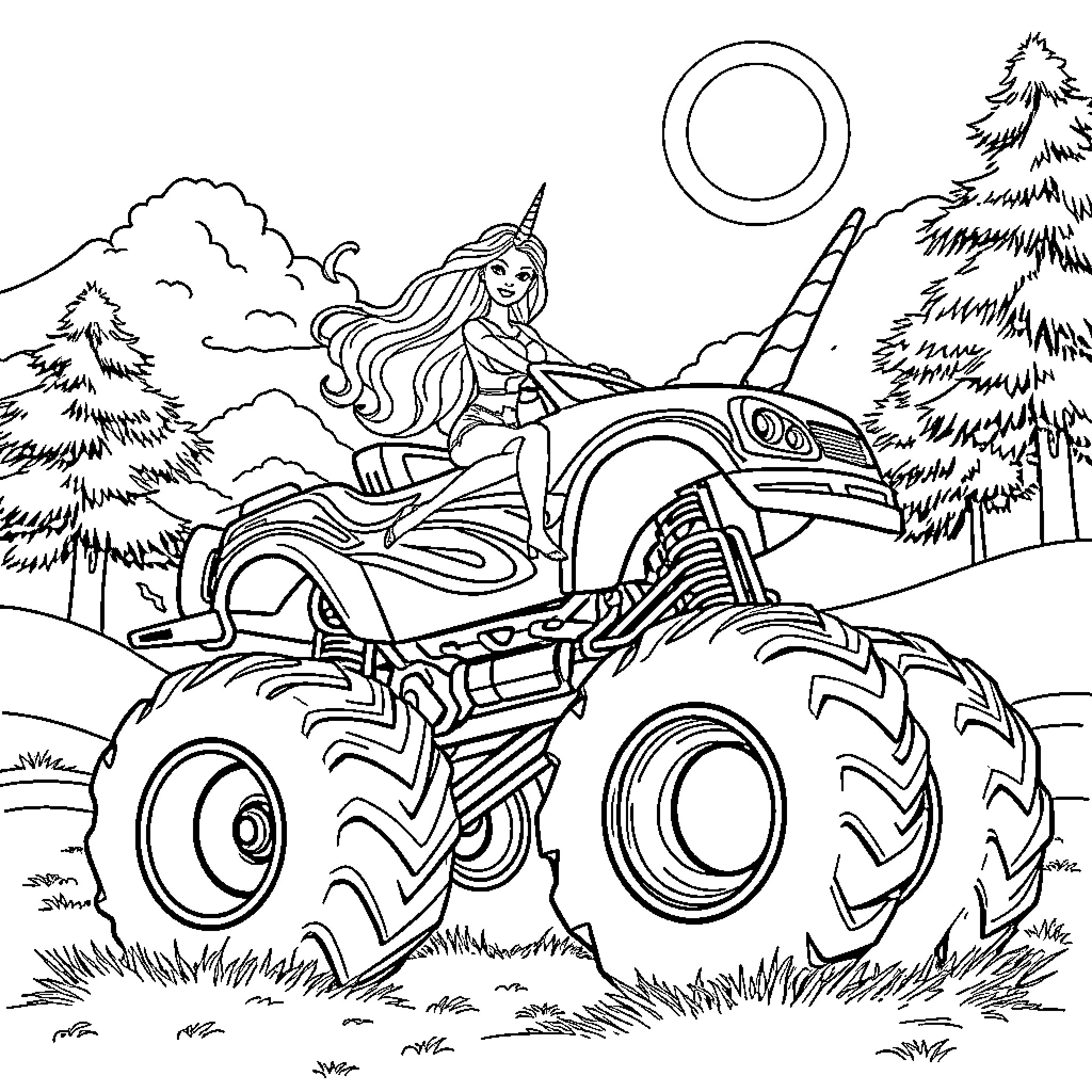 Barbie driving a monster truck in the wilderness Coloring Page (free black-and-white line drawing printable PDF for all, from beginners to advanced learners, including children, teens, adults, and seniors)
