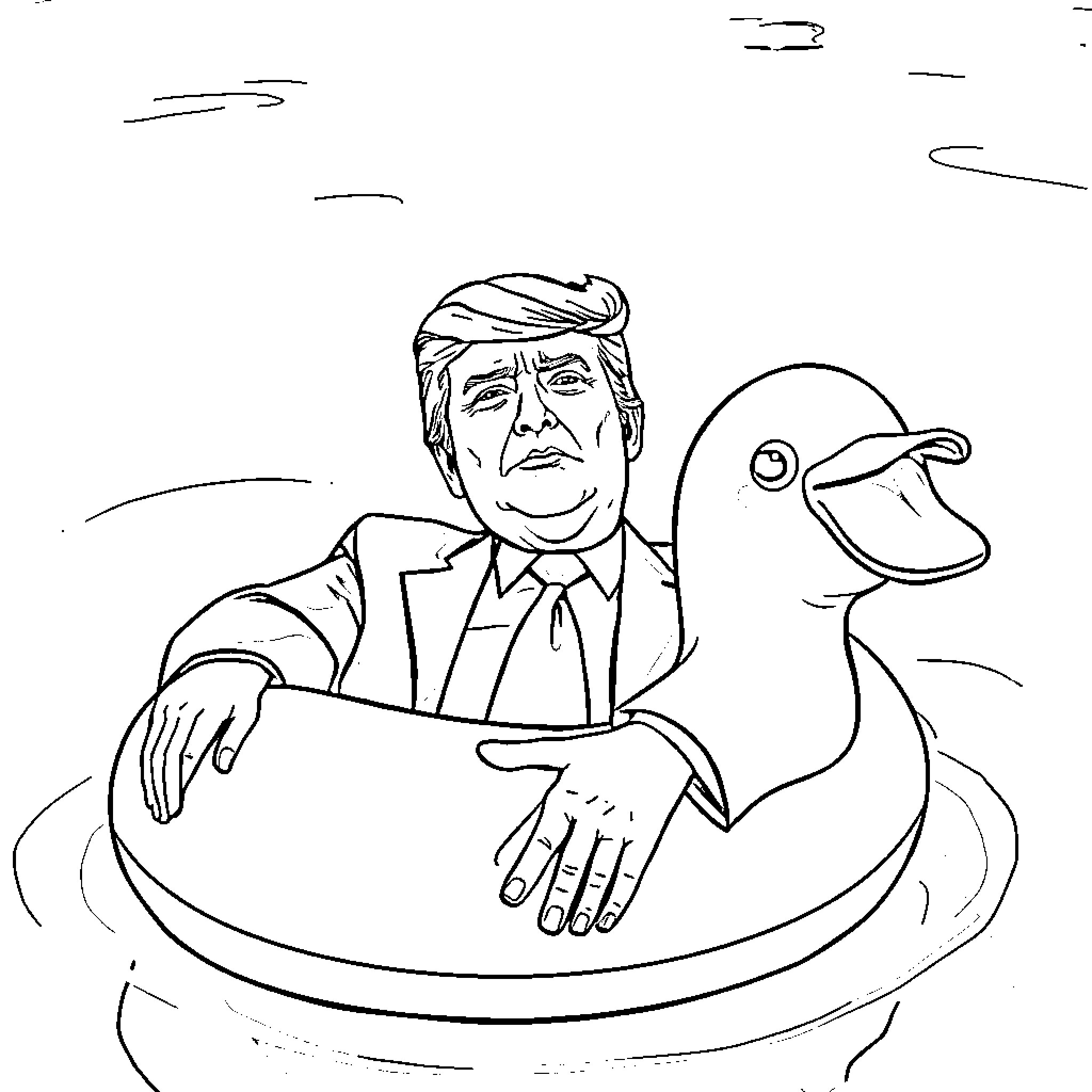 Donald Trump relaxing on a rubber duck in the pool Coloring Page (free black-and-white line drawing printable PDF for all, from beginners to advanced learners, including children, teens, adults, and seniors)
