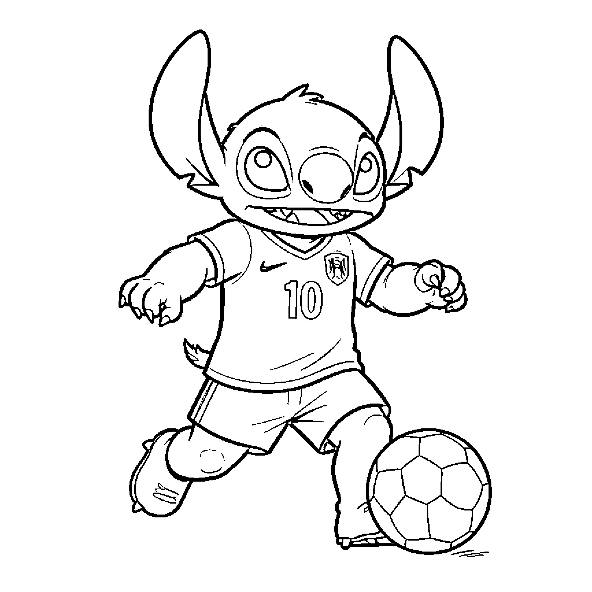Stitch playing soccer wearing a jersey and shorts Coloring Page (free black-and-white line drawing printable PDF for all, from beginners to advanced learners, including children, teens, adults, and seniors)
