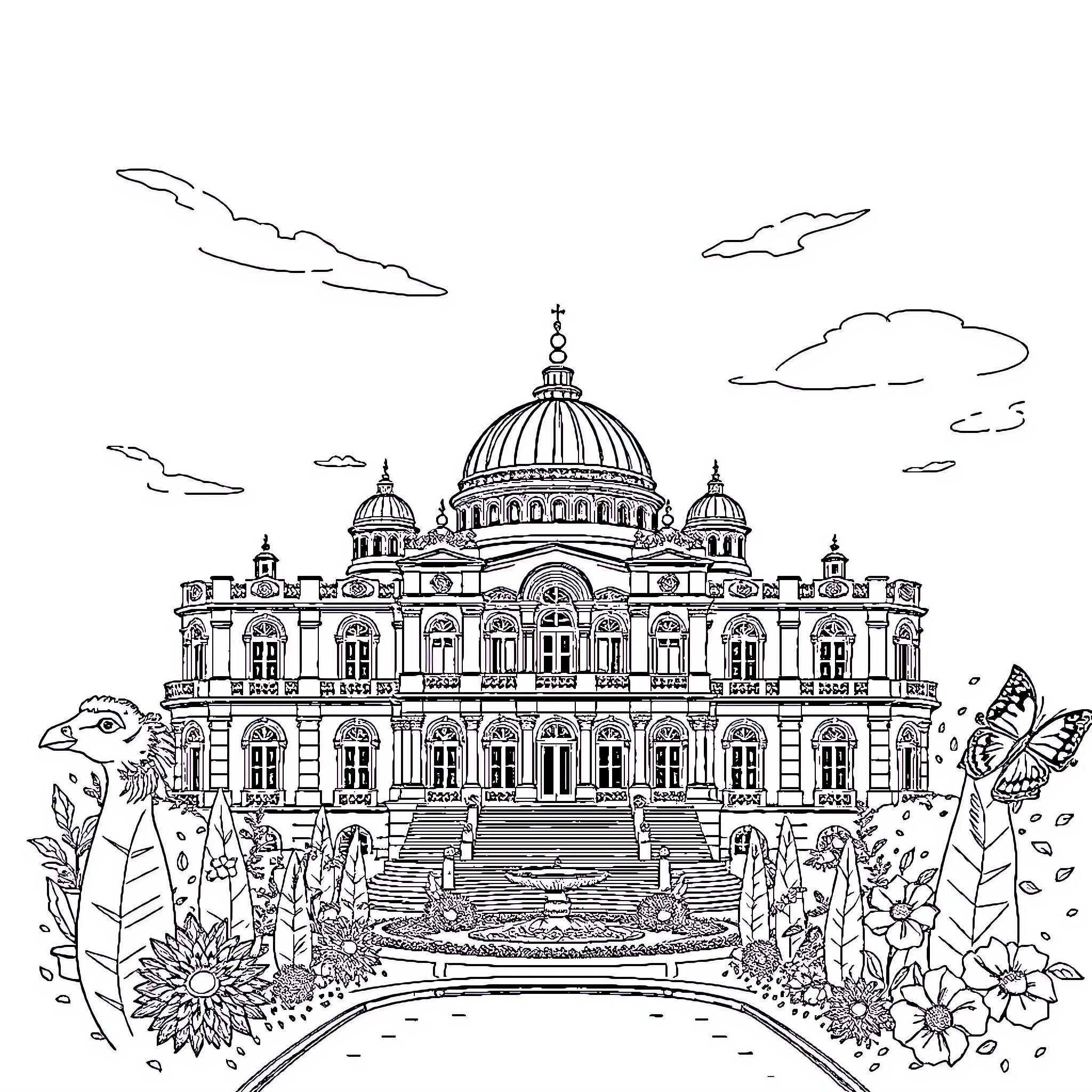 Dolmabahçe Palace with lush garden scenery Coloring Page (free black-and-white line drawing printable PDF for all, from beginners to advanced learners, including children, teens, adults, and seniors)