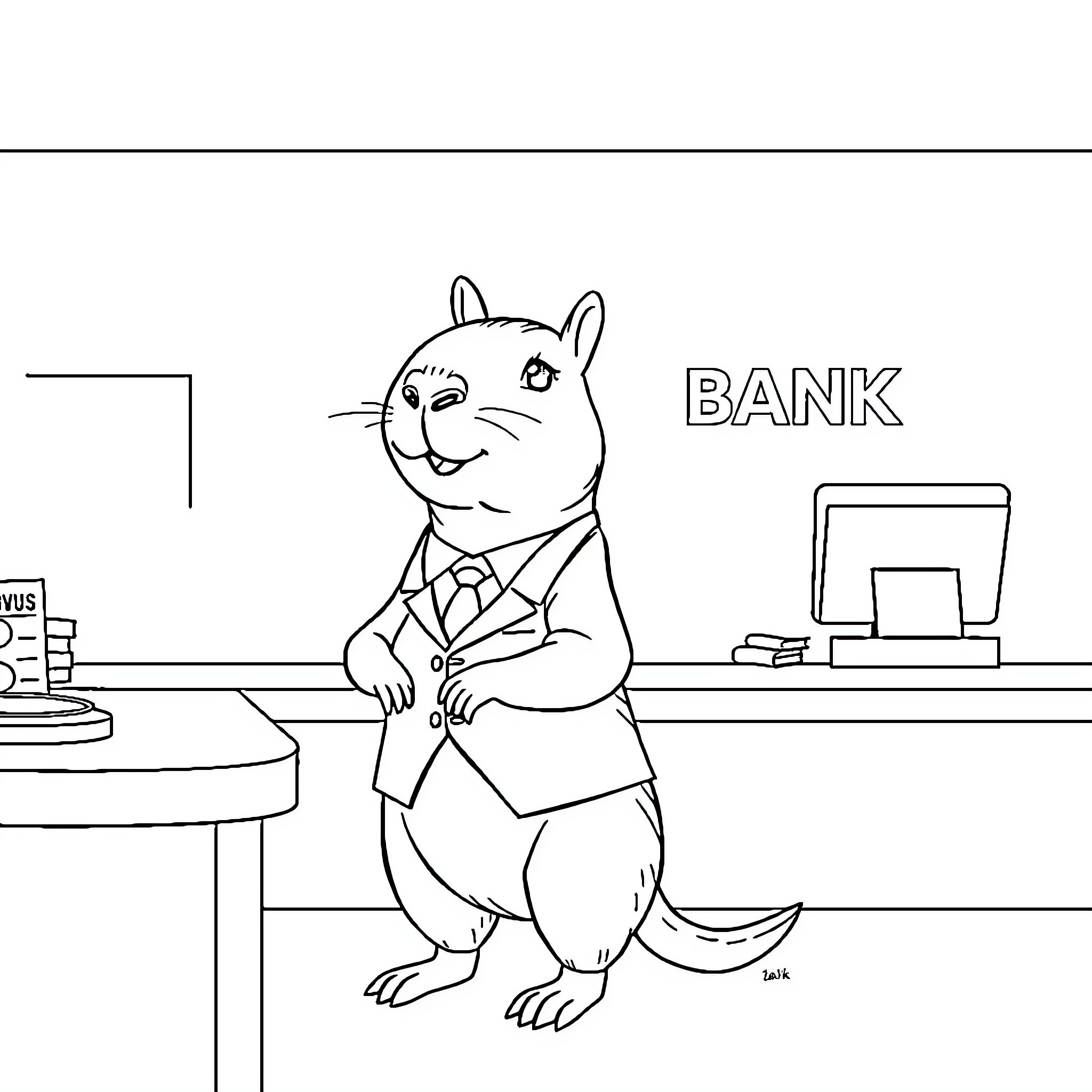 Capybara working as a banker in a bank Coloring Page (free black-and-white line drawing printable PDF for all, from beginners to advanced learners, including children, teens, adults, and seniors)