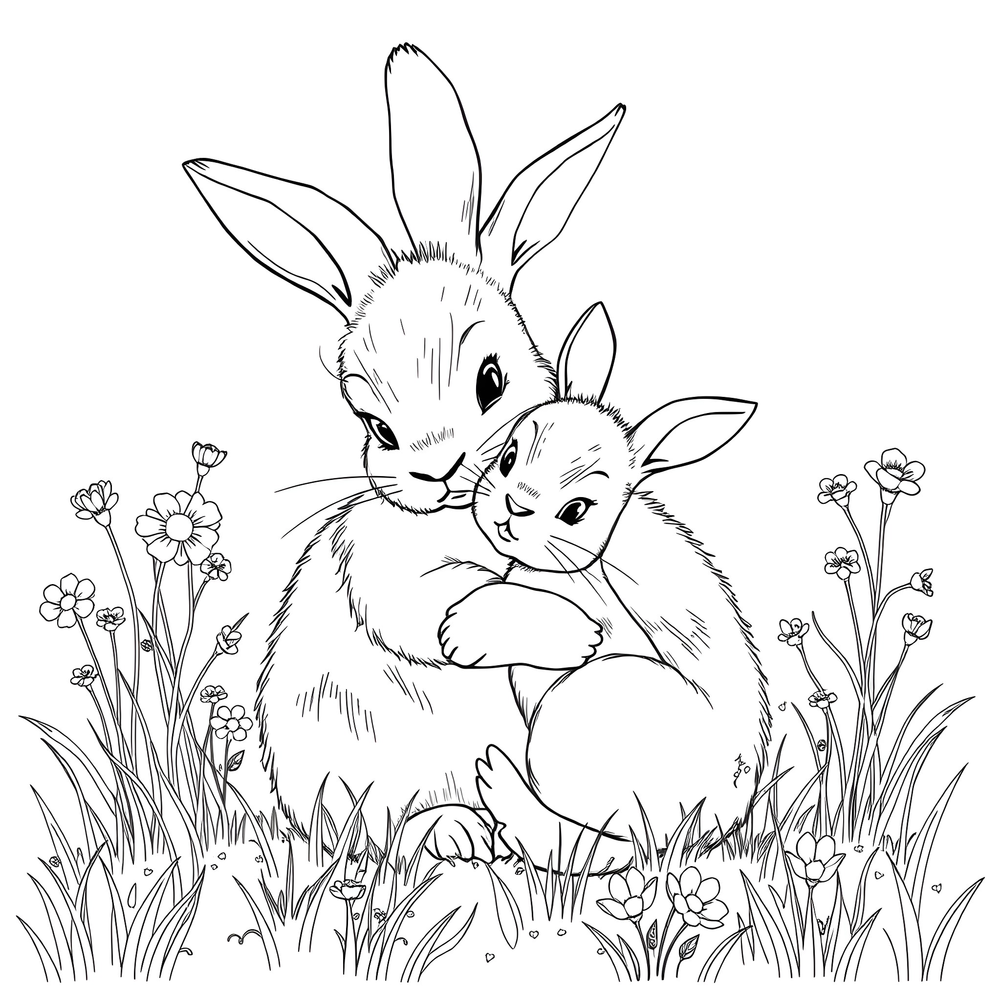 Rabbit family cuddling in the meadow Coloring Page (free black-and-white line drawing printable PDF for all, from beginners to advanced learners, including children, teens, adults, and seniors)