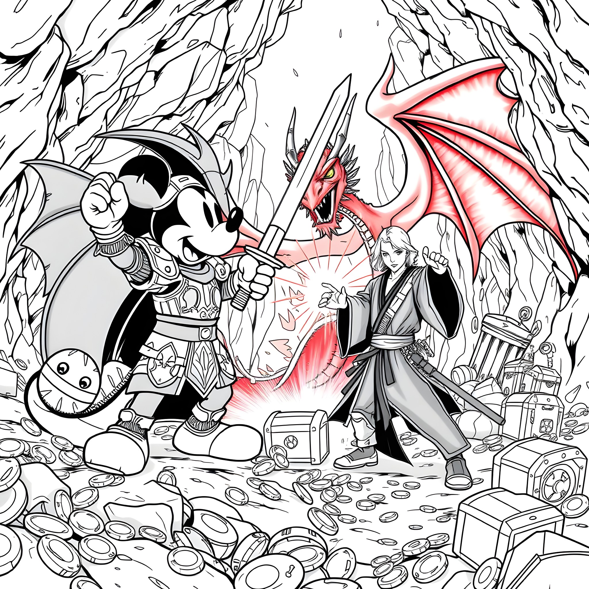 Mickey Mouse battling a fierce dragon in a fantasy adventure Coloring Page (free black-and-white line drawing printable PDF for all, from beginners to advanced learners, including children, teens, adults, and seniors)