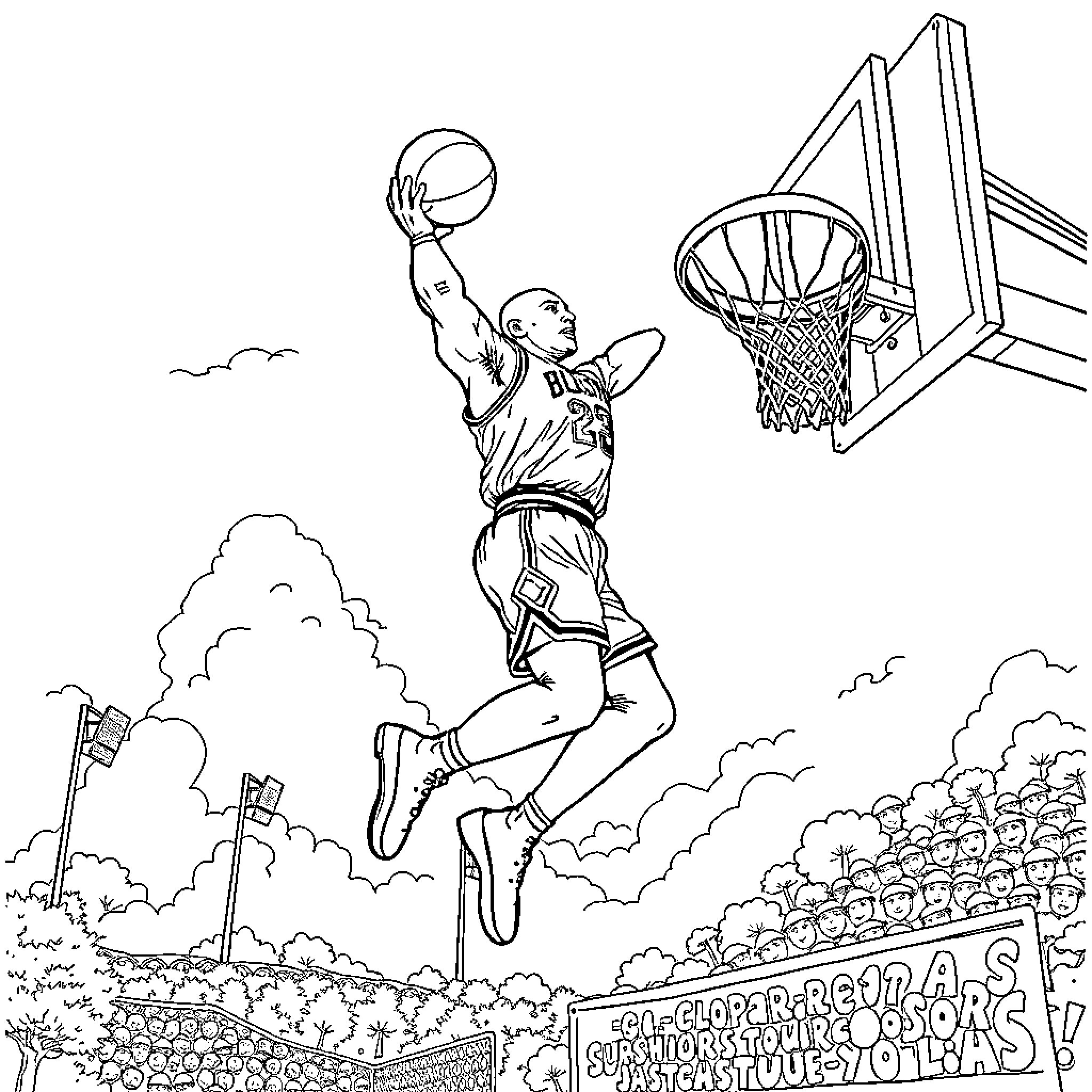 Michael Jordan Slam Dunking in Basketball Game Coloring Page (free black-and-white line drawing printable PDF for all, from beginners to advanced learners, including children, teens, adults, and seniors)