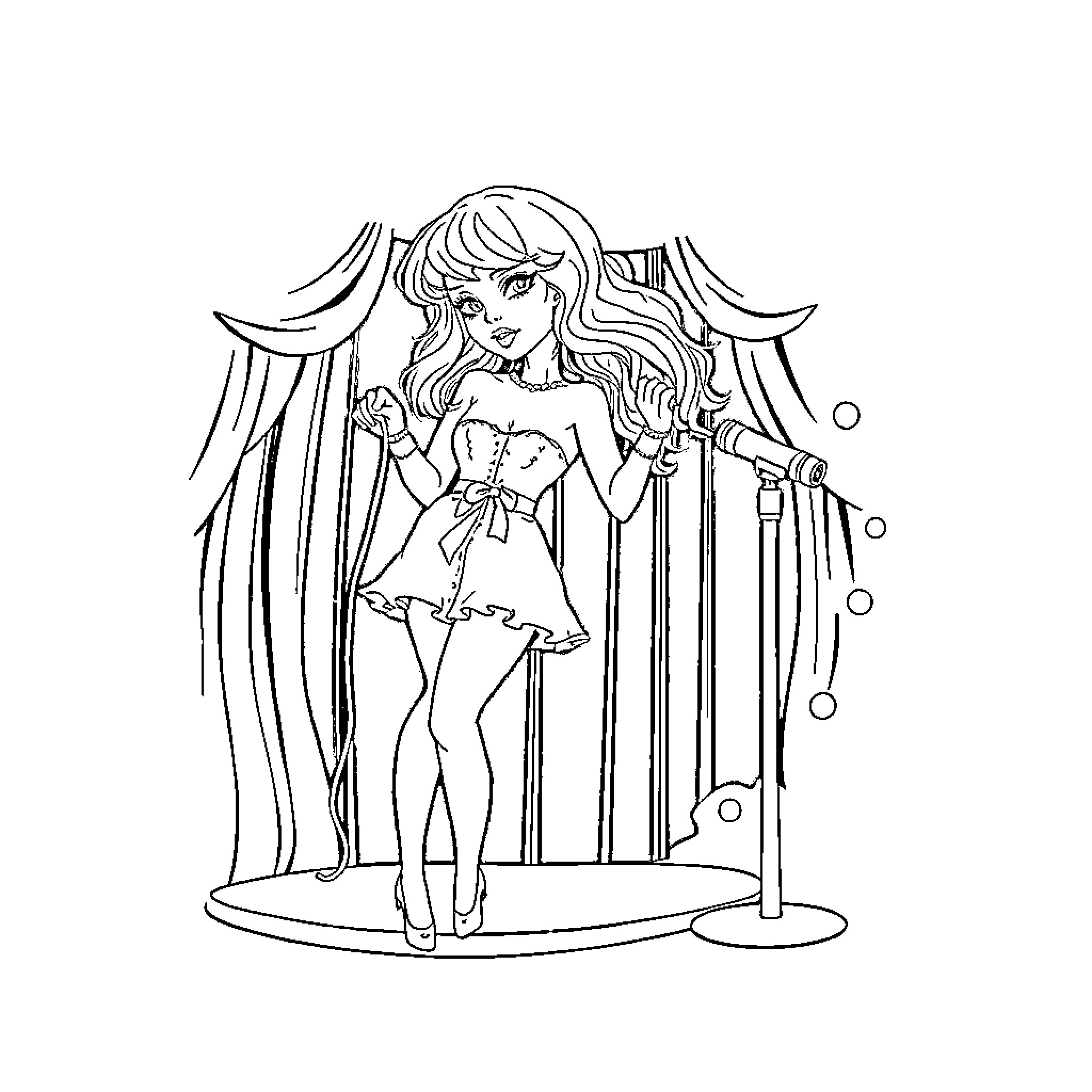 Taylor Swift performing on stage in a glamorous outfit Coloring Page (free black-and-white line drawing printable PDF for all, from beginners to advanced learners, including children, teens, adults, and seniors)