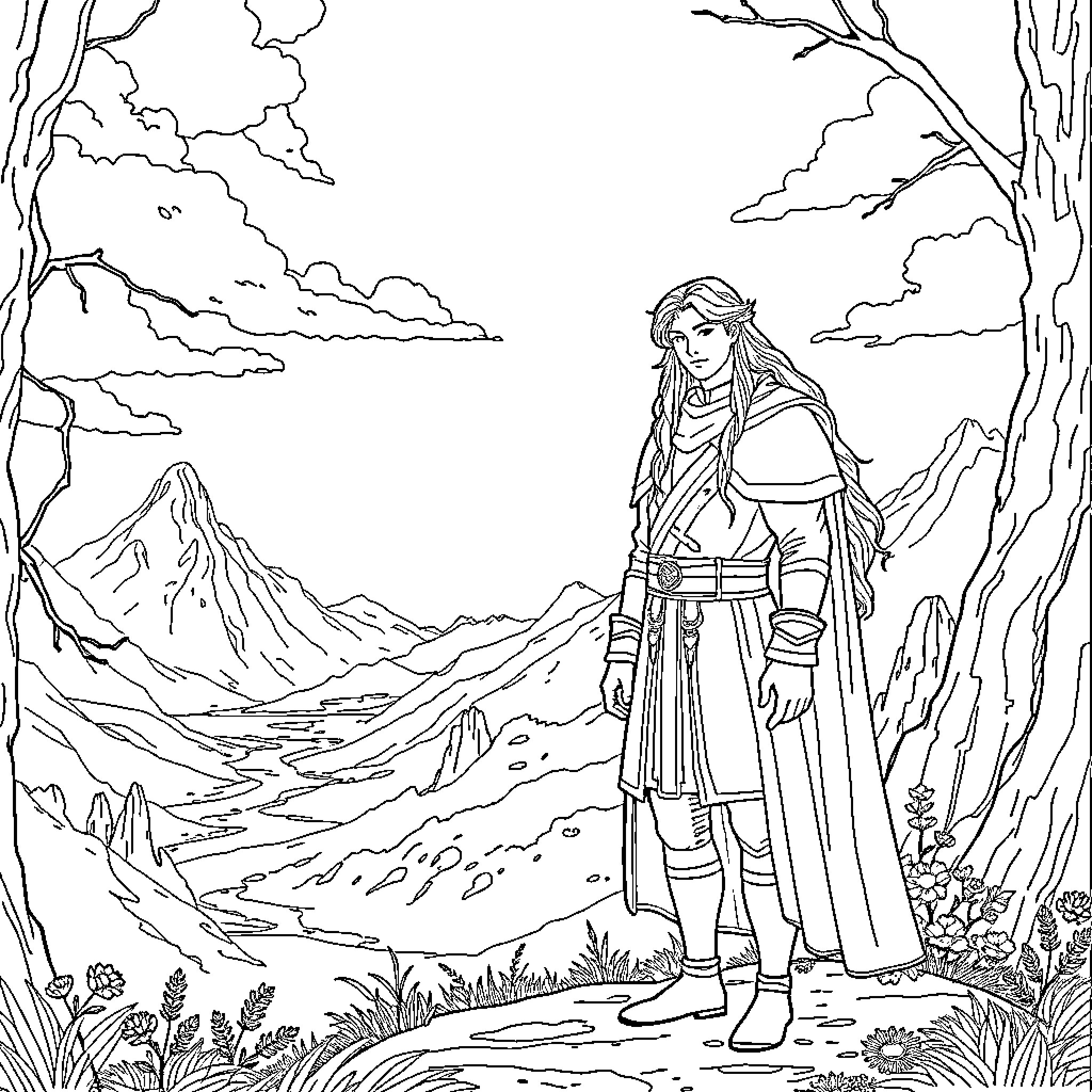 Cassian exploring the scenic mountain landscape Coloring Page (free black-and-white line drawing printable PDF for all, from beginners to advanced learners, including children, teens, adults, and seniors)