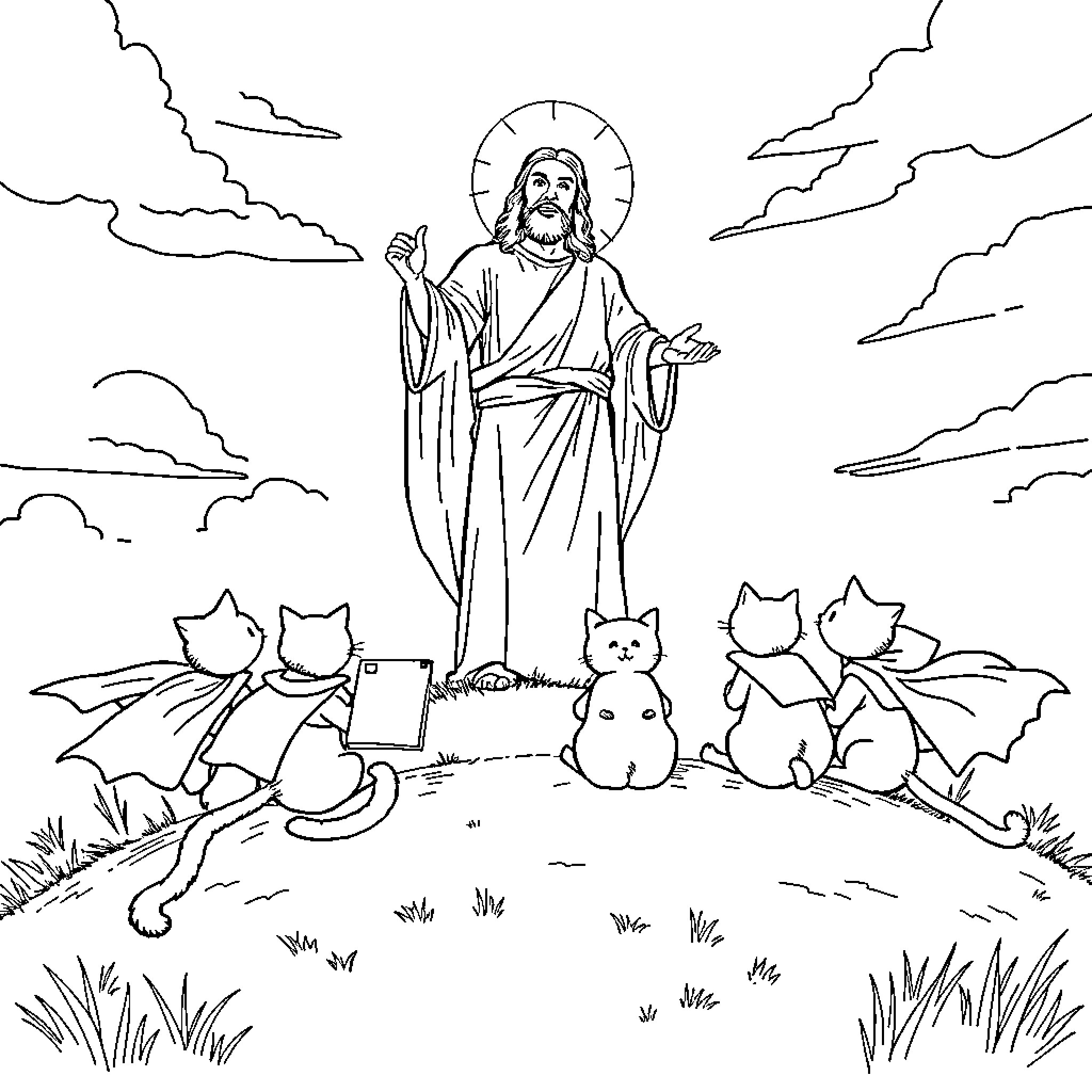 Jesus blessing the cats in the meadow Coloring Page (free black-and-white line drawing printable PDF for all, from beginners to advanced learners, including children, teens, adults, and seniors)