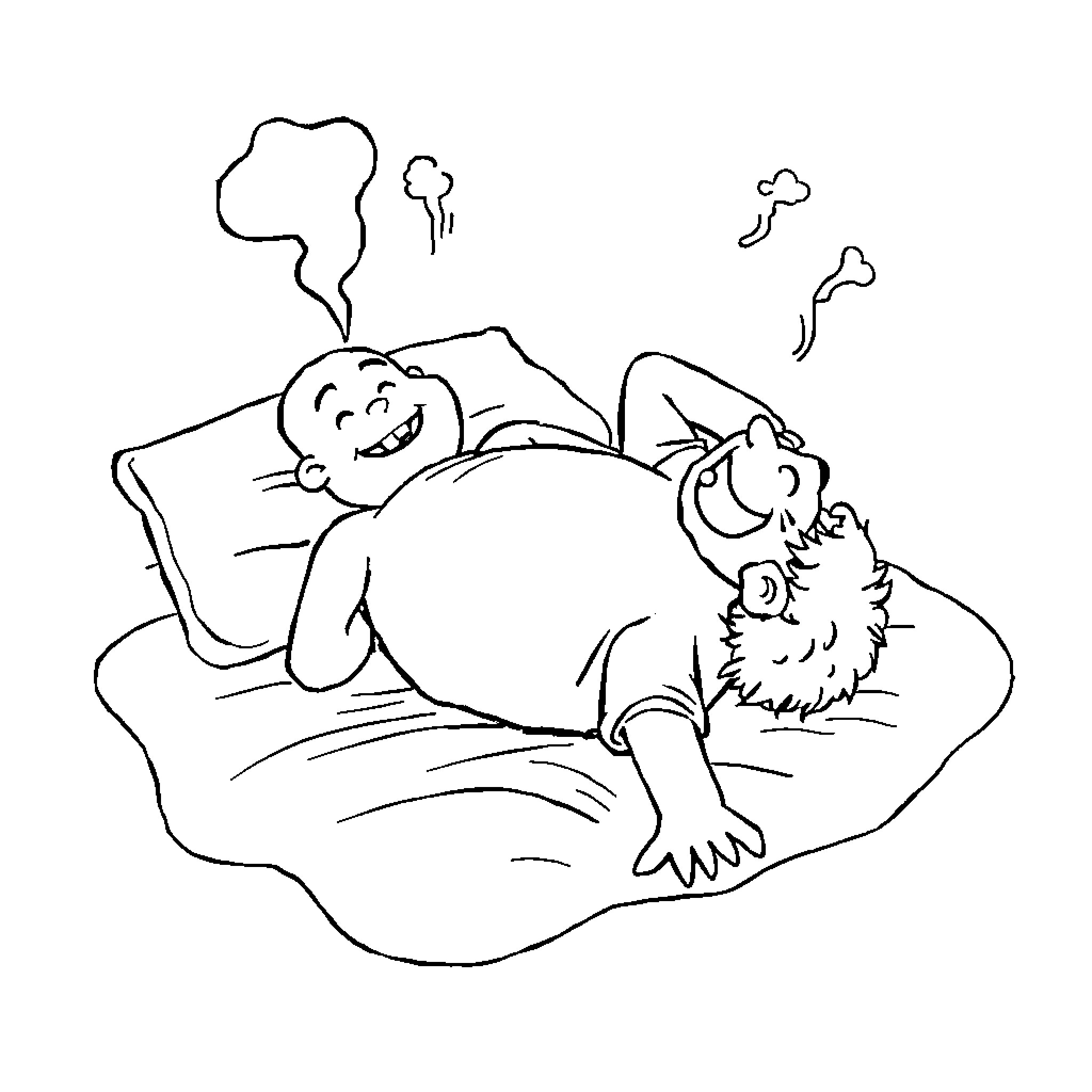 Fart antics in bed with furry friend Coloring Page (free black-and-white line drawing printable PDF for all, from beginners to advanced learners, including children, teens, adults, and seniors)