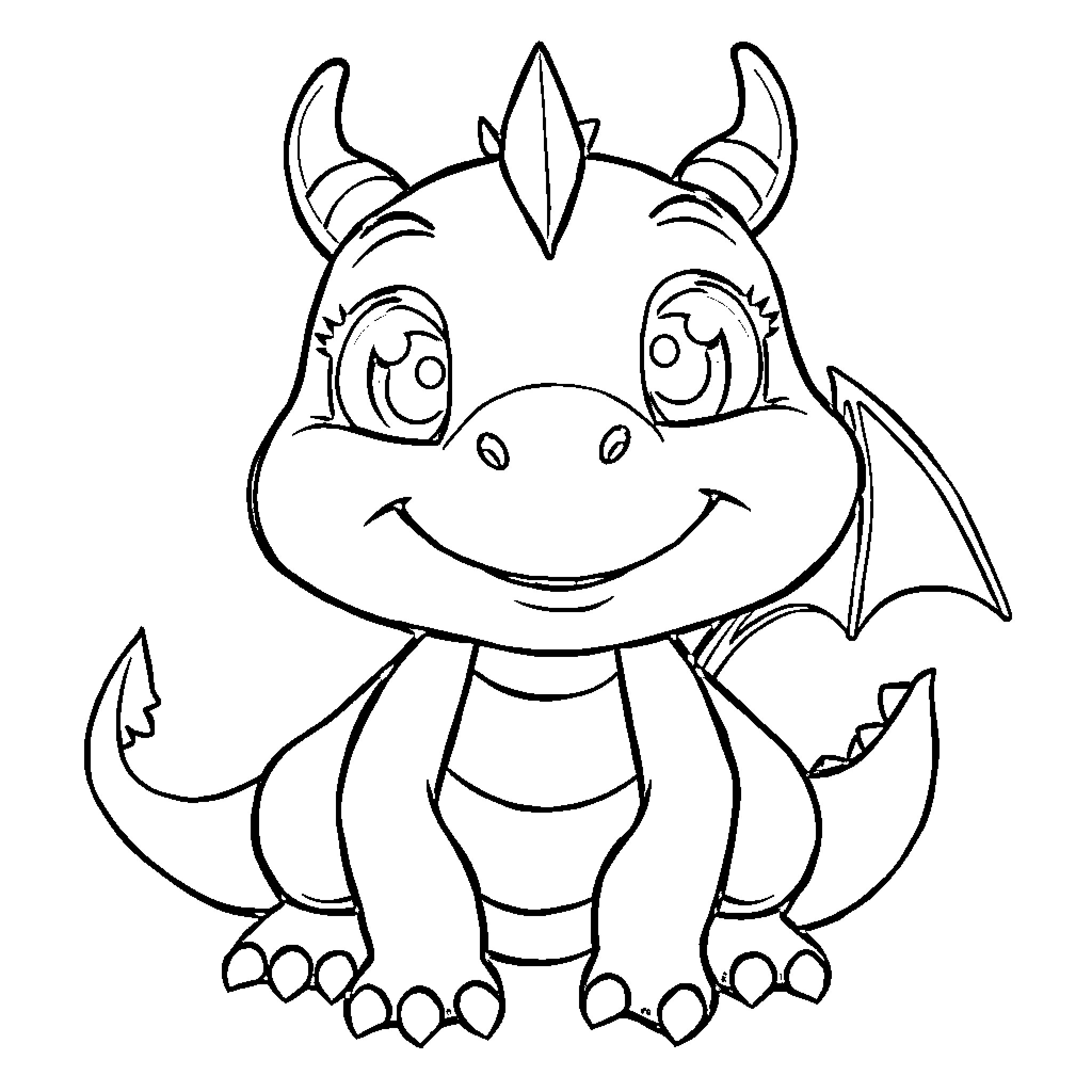 Dragon with a Mischievous Grin Coloring Page (free black-and-white line drawing printable PDF for all, from beginners to advanced learners, including children, teens, adults, and seniors)