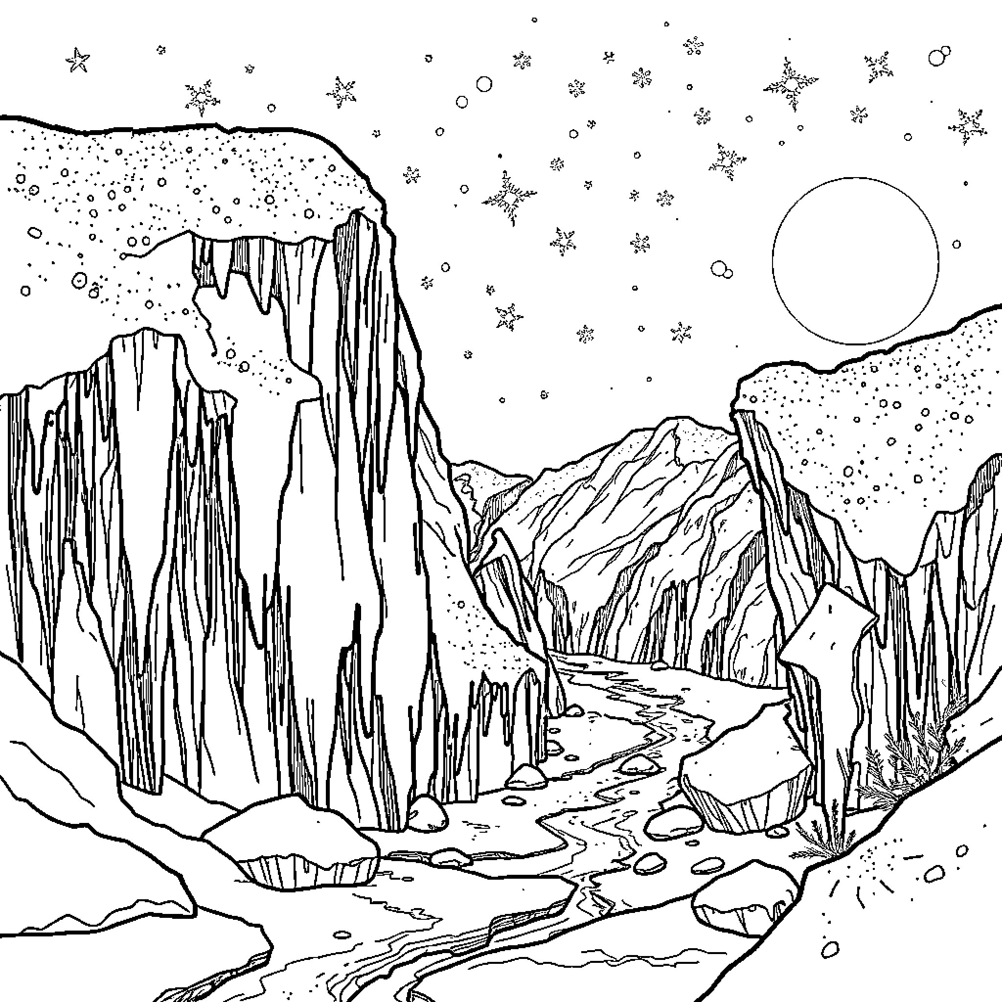 Frozen winter landscape with snowy mountains and stars Coloring Page (free black-and-white line drawing printable PDF for all, from beginners to advanced learners, including children, teens, adults, and seniors)