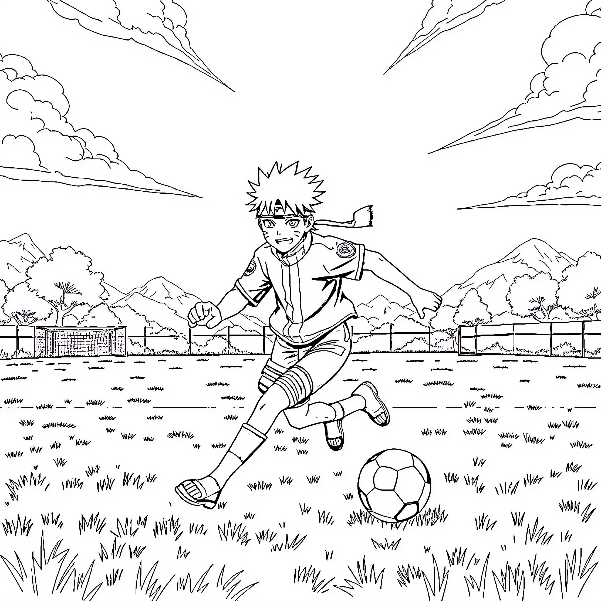 Naruto playing soccer enthusiastically in the field Coloring Page (free black-and-white line drawing printable PDF for all, from beginners to advanced learners, including children, teens, adults, and seniors)