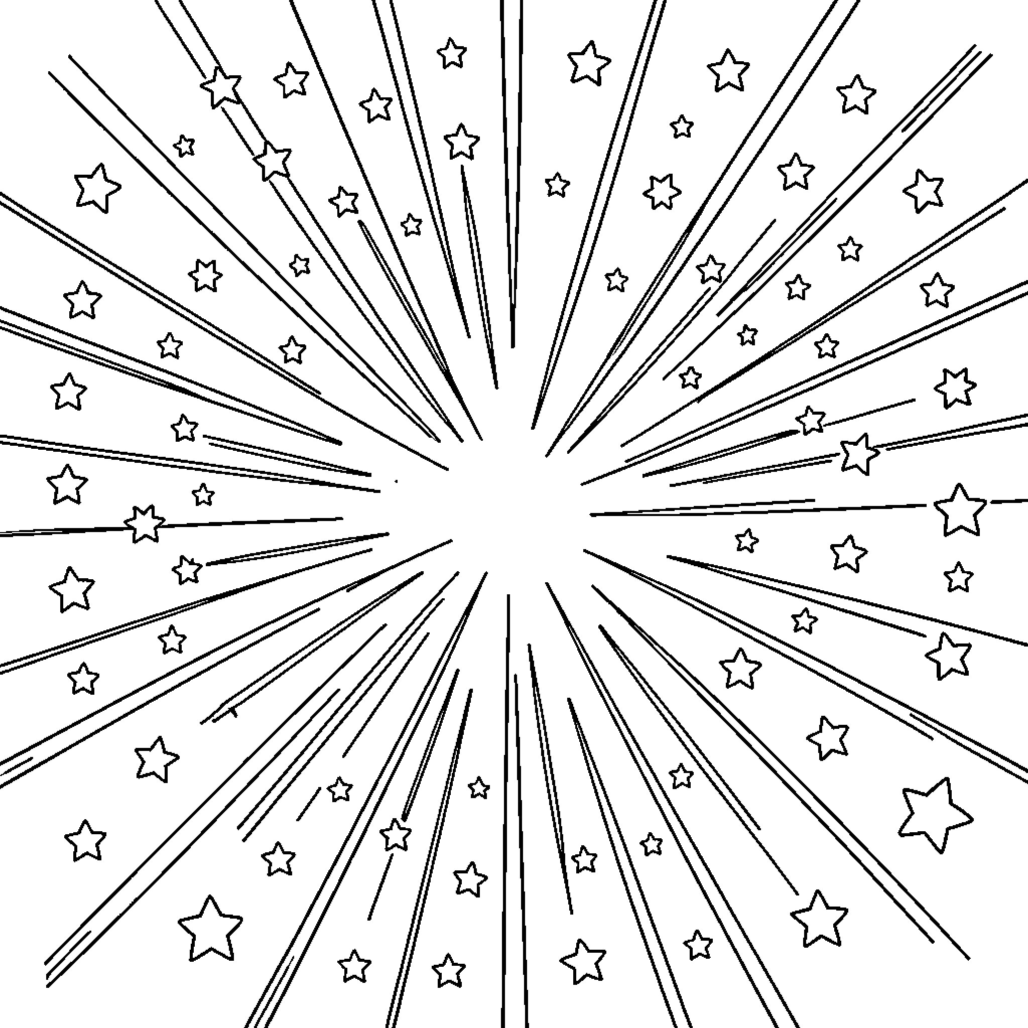 Star shapes exploding outward in a dynamic burst Coloring Page (free black-and-white line drawing printable PDF for all, from beginners to advanced learners, including children, teens, adults, and seniors)