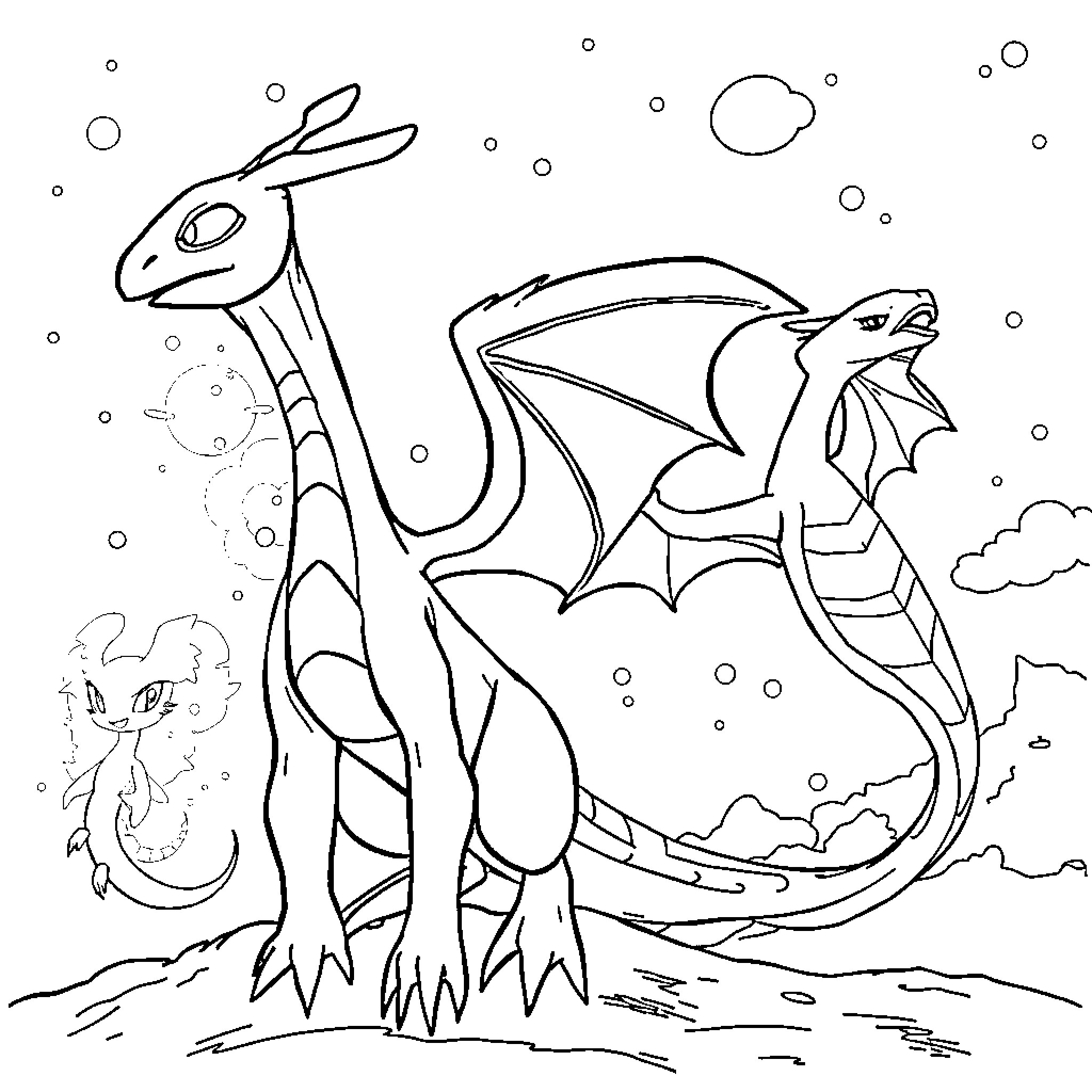 Dratini and its dragon companion exploring the snowy landscape Coloring Page (free black-and-white line drawing printable PDF for all, from beginners to advanced learners, including children, teens, adults, and seniors)