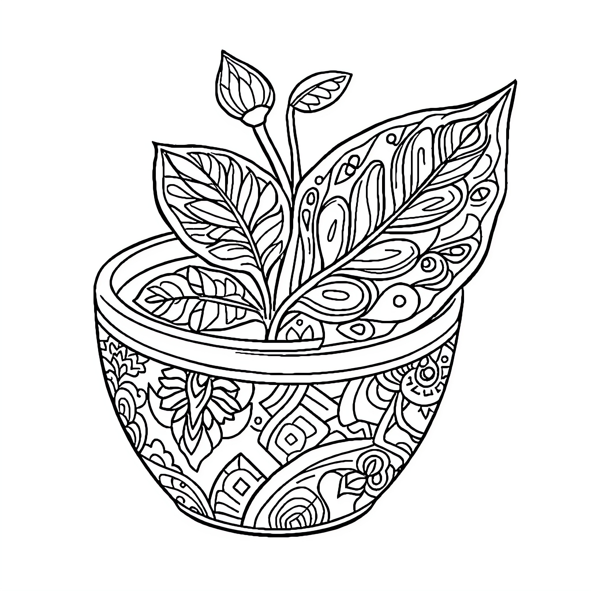 Leaf Plant Blooming in Intricate Bowl Coloring Page (free black-and-white line drawing printable PDF for all, from beginners to advanced learners, including children, teens, adults, and seniors)