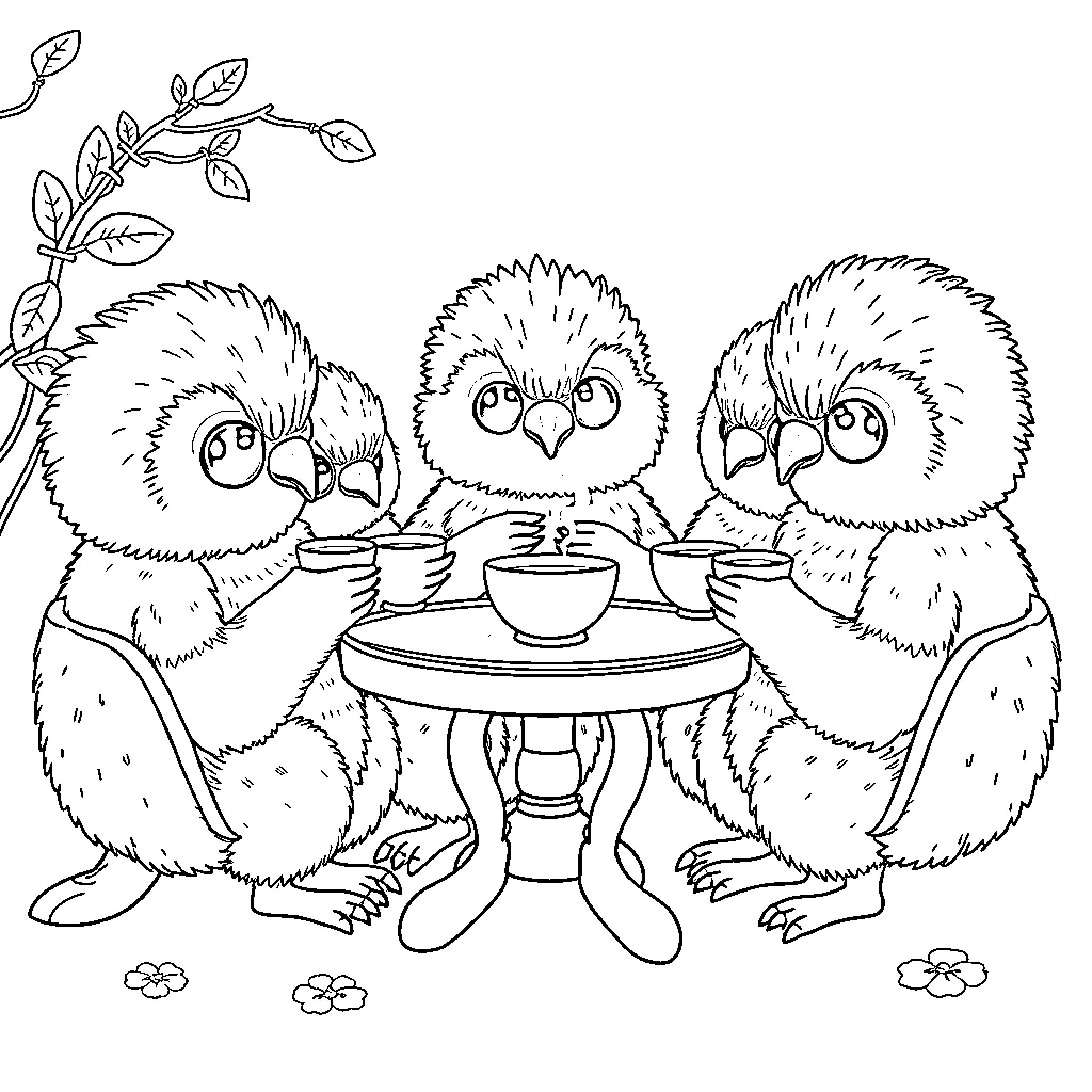 Labubu chicks enjoying a cozy meal together Coloring Page (free black-and-white line drawing printable PDF for all, from beginners to advanced learners, including children, teens, adults, and seniors)