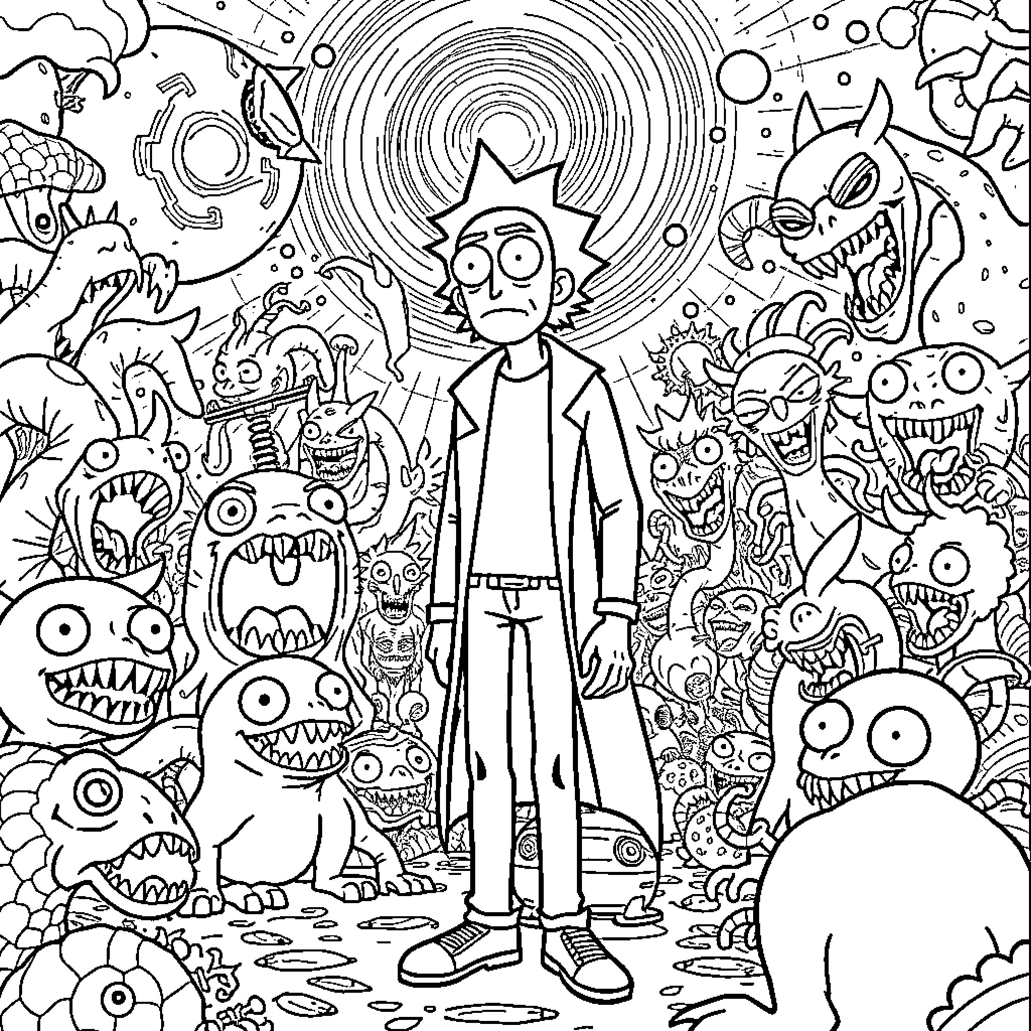 Frank's Surreal Encounter with Bizarre Creatures Coloring Page (free black-and-white line drawing printable PDF for all, from beginners to advanced learners, including children, teens, adults, and seniors)
