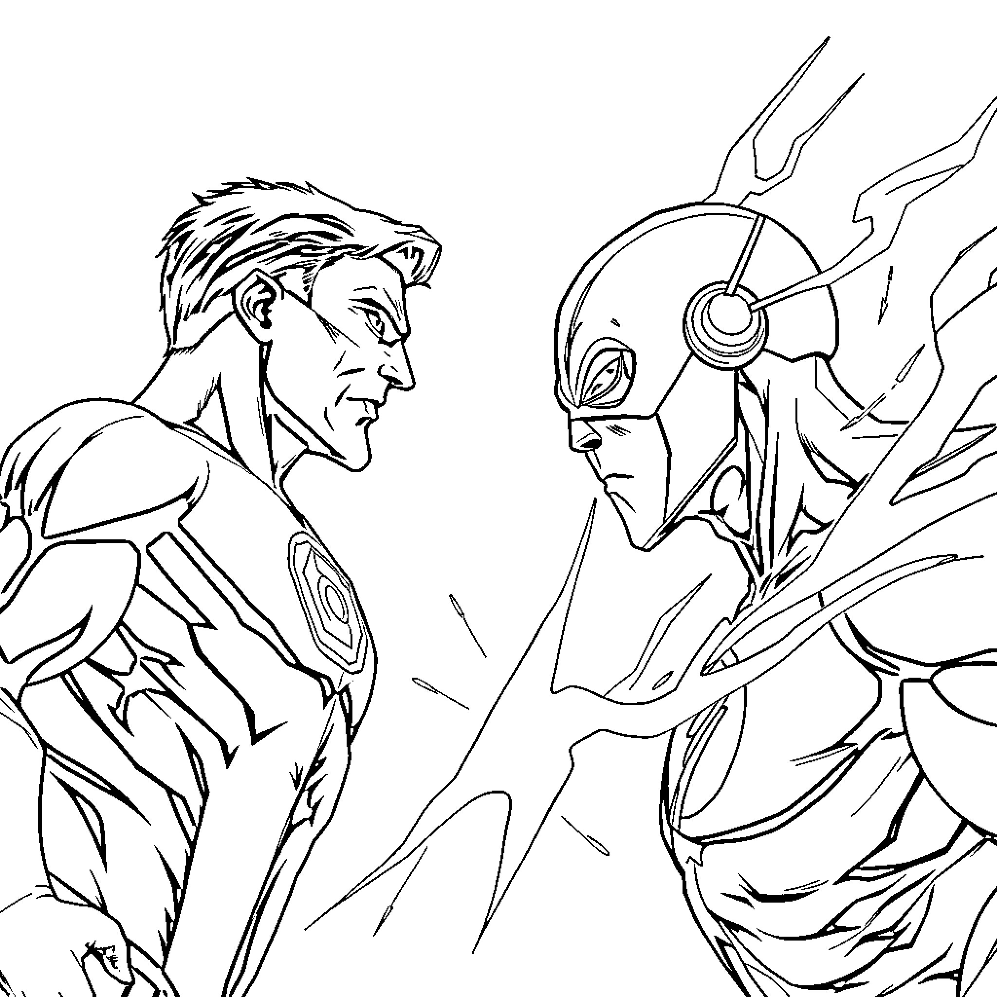 Green Lantern heroes in fierce confrontation Coloring Page (free black-and-white line drawing printable PDF for all, from beginners to advanced learners, including children, teens, adults, and seniors)