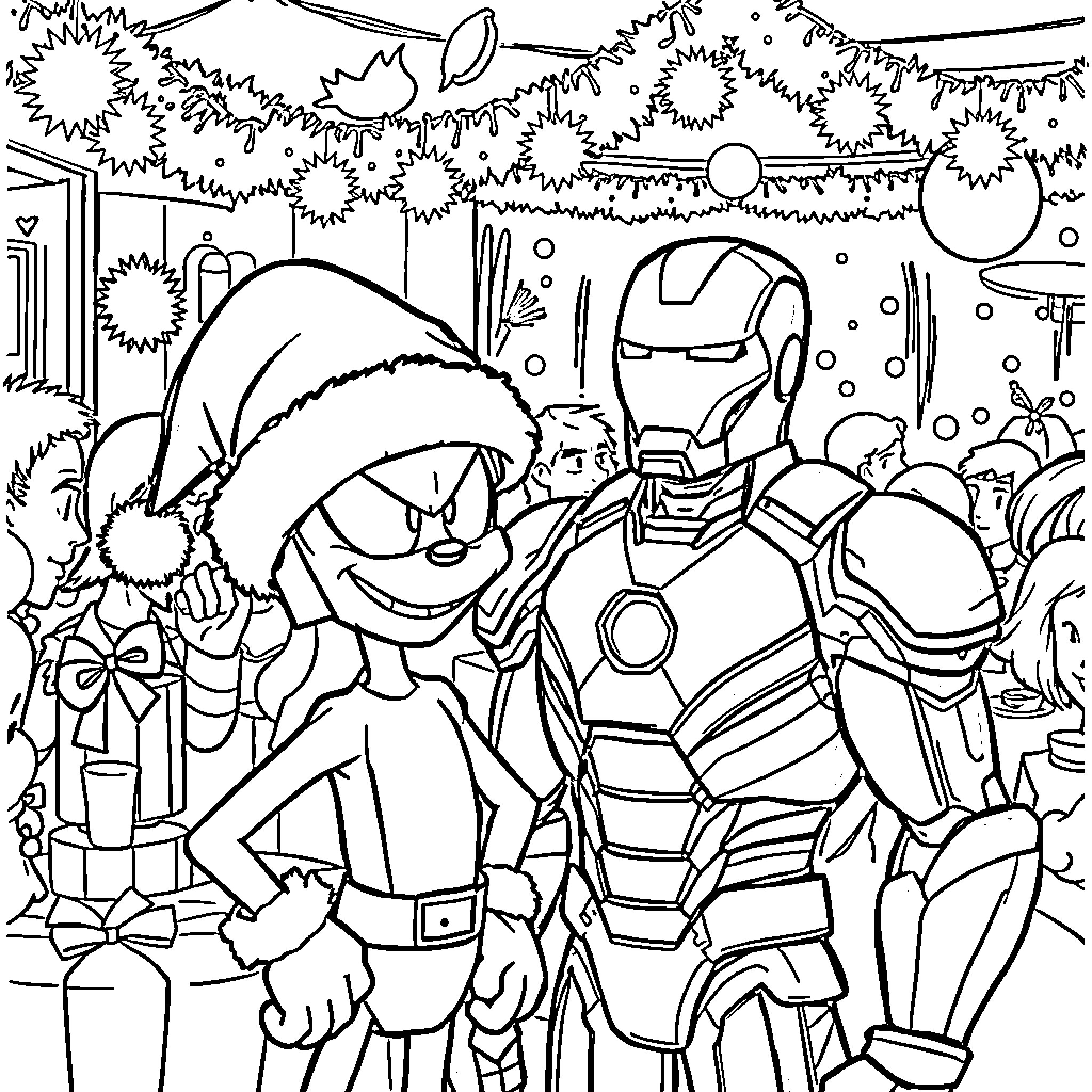 Marvin's Festive Gathering with Iron Man Coloring Page (free black-and-white line drawing printable PDF for all, from beginners to advanced learners, including children, teens, adults, and seniors)