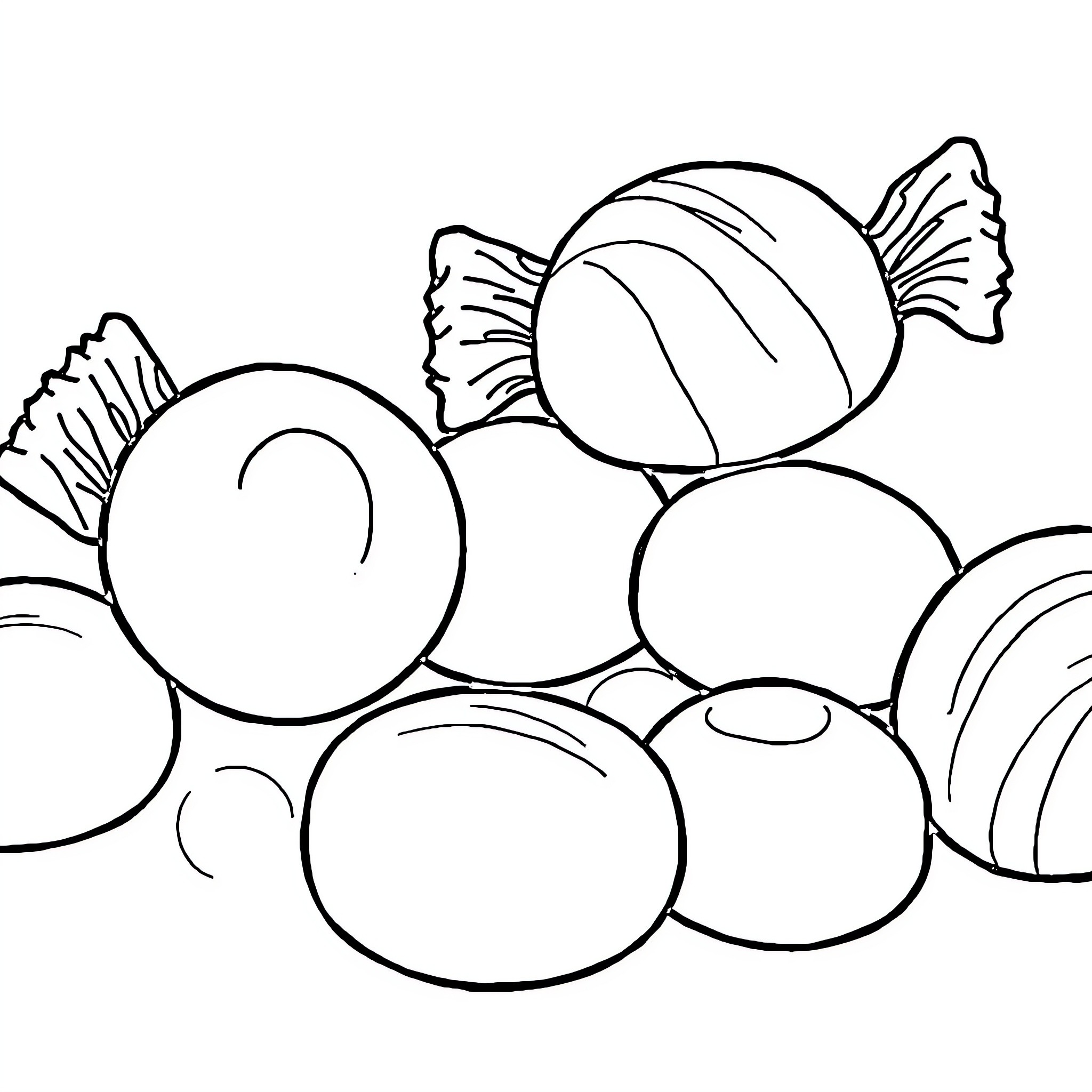 Candy assortment with various shapes and sizes Coloring Page (free black-and-white line drawing printable PDF for all, from beginners to advanced learners, including children, teens, adults, and seniors)