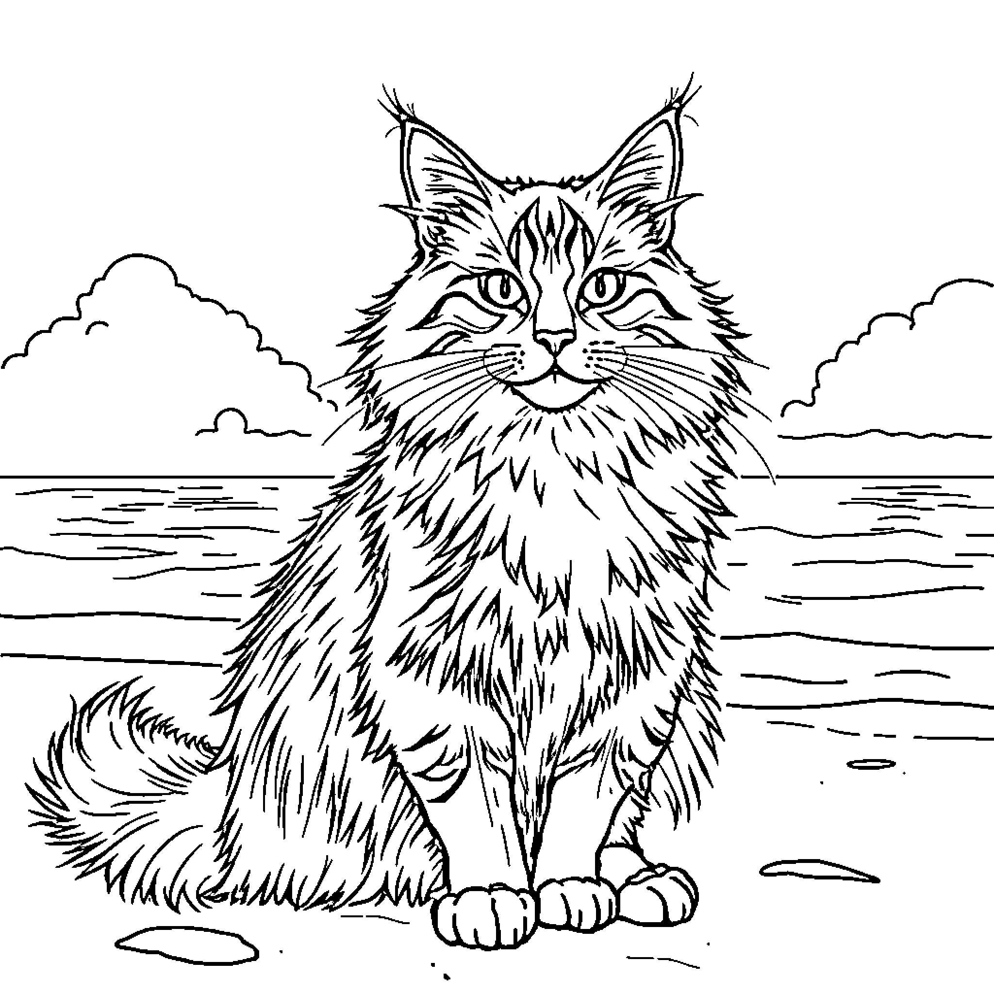 Maine Coon cat sitting peacefully by the water Coloring Page (free black-and-white line drawing printable PDF for all, from beginners to advanced learners, including children, teens, adults, and seniors)