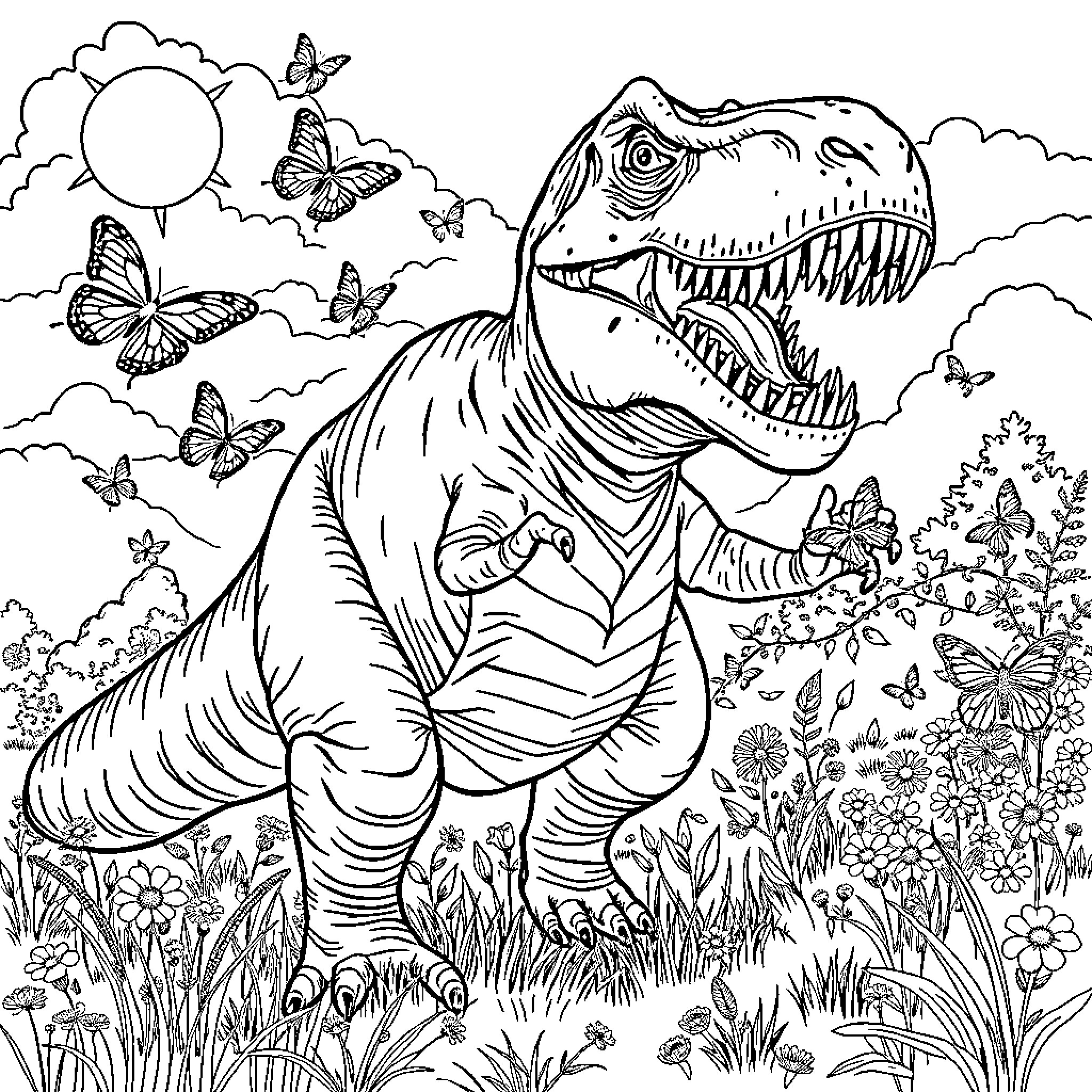 Tyrannosaurus exploring a lush, butterfly-filled landscape Coloring Page (free black-and-white line drawing printable PDF for all, from beginners to advanced learners, including children, teens, adults, and seniors)