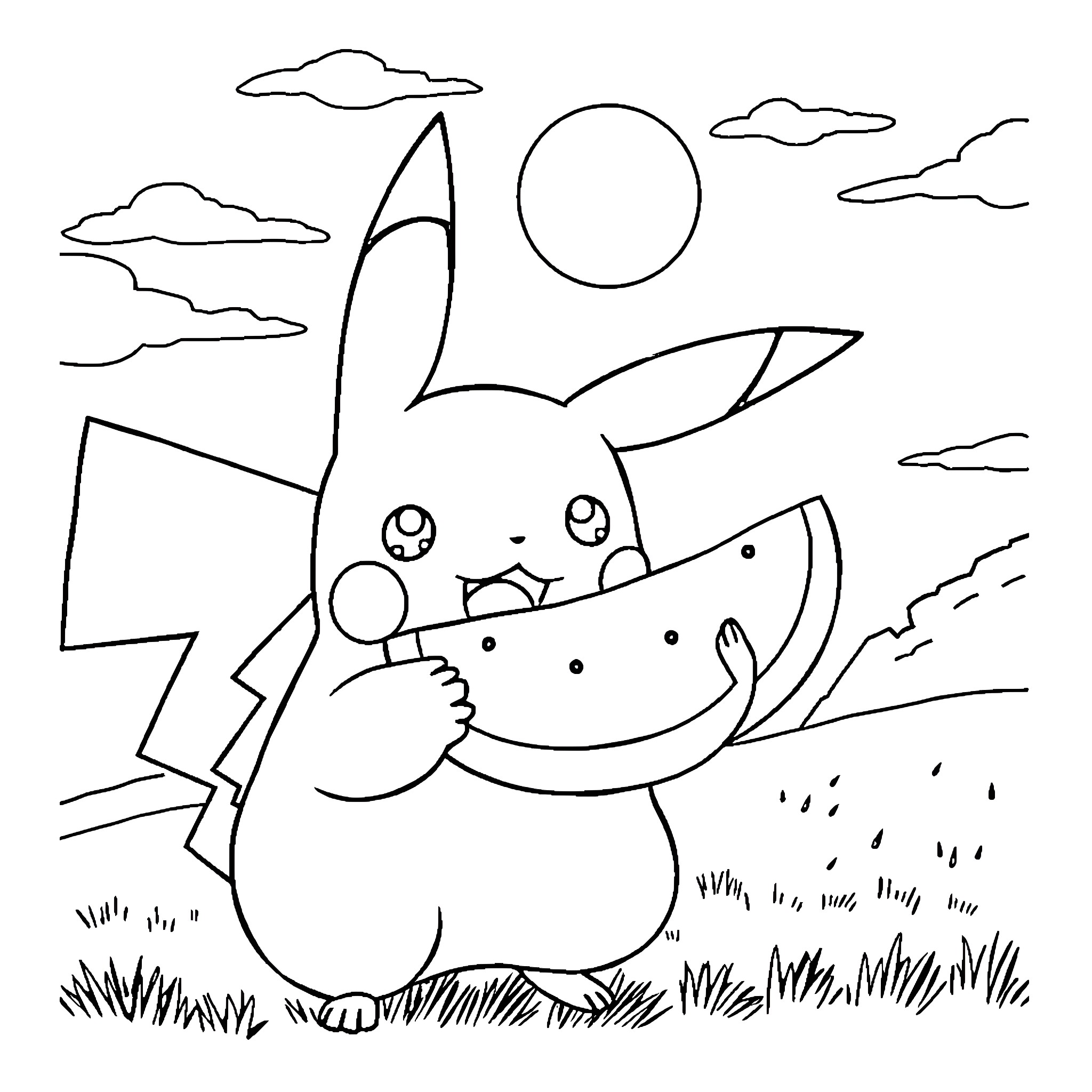 Pikachu enjoying a sunny day outdoors Coloring Page (free black-and-white line drawing printable PDF for all, from beginners to advanced learners, including children, teens, adults, and seniors)