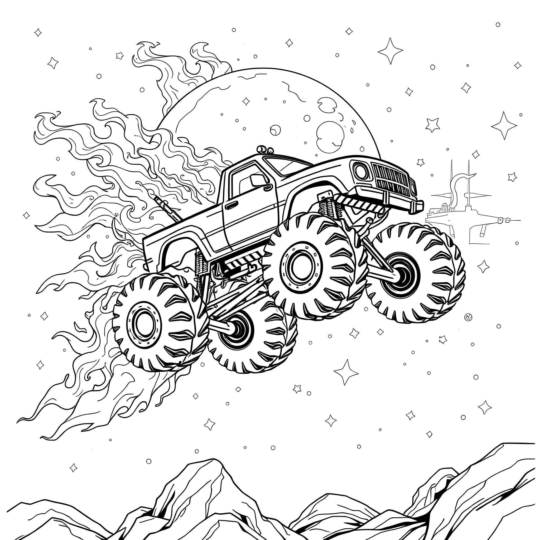 Monster Truck Soaring Through the Starry Night Sky Coloring Page (free black-and-white line drawing printable PDF for all, from beginners to advanced learners, including children, teens, adults, and seniors)