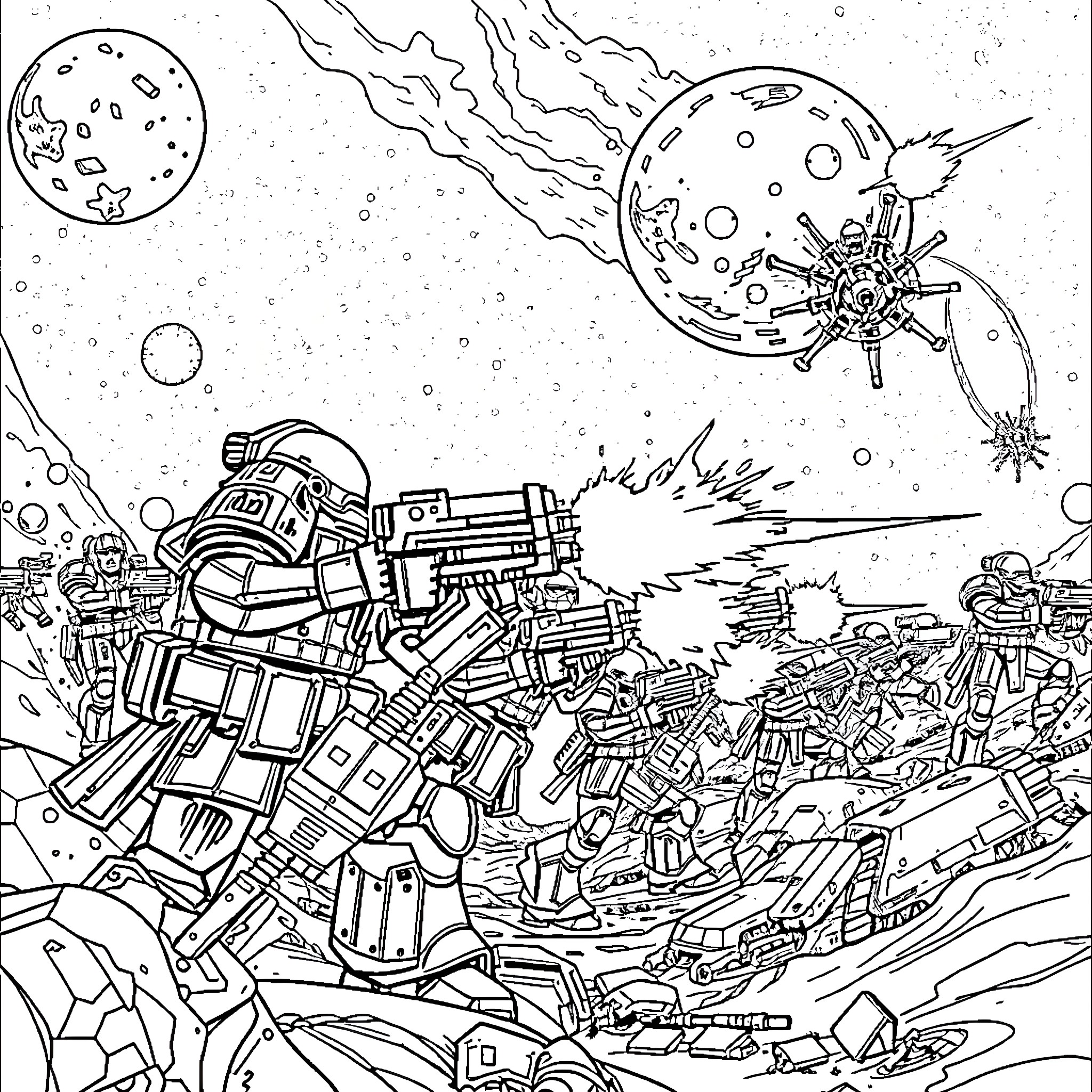 Tau Empire: Futuristic Battle in Outer Space Coloring Page (free black-and-white line drawing printable PDF for all, from beginners to advanced learners, including children, teens, adults, and seniors)