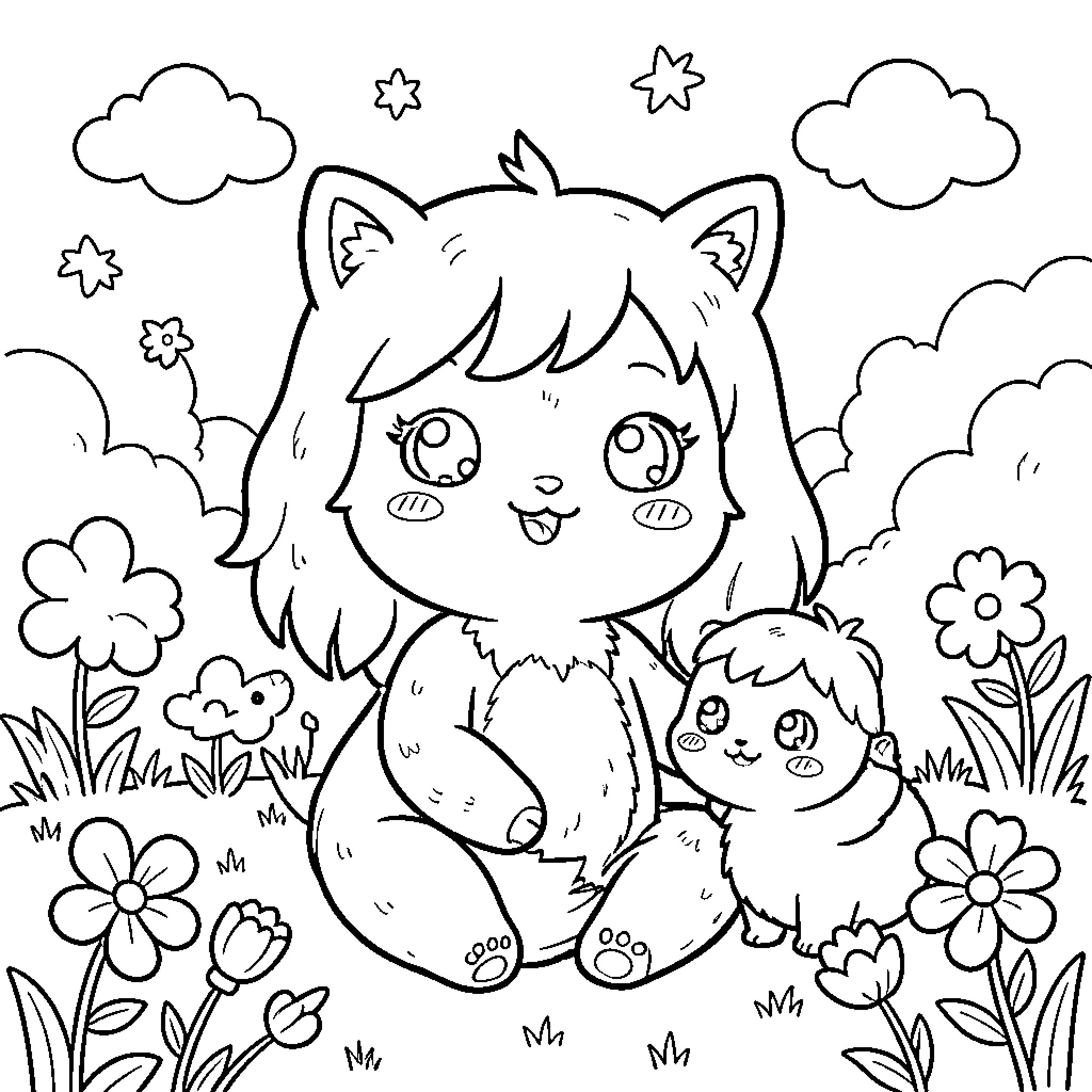 Cute cartoon characters sitting together in a flower meadow Coloring Page (free black-and-white line drawing printable PDF for all, from beginners to advanced learners, including children, teens, adults, and seniors)