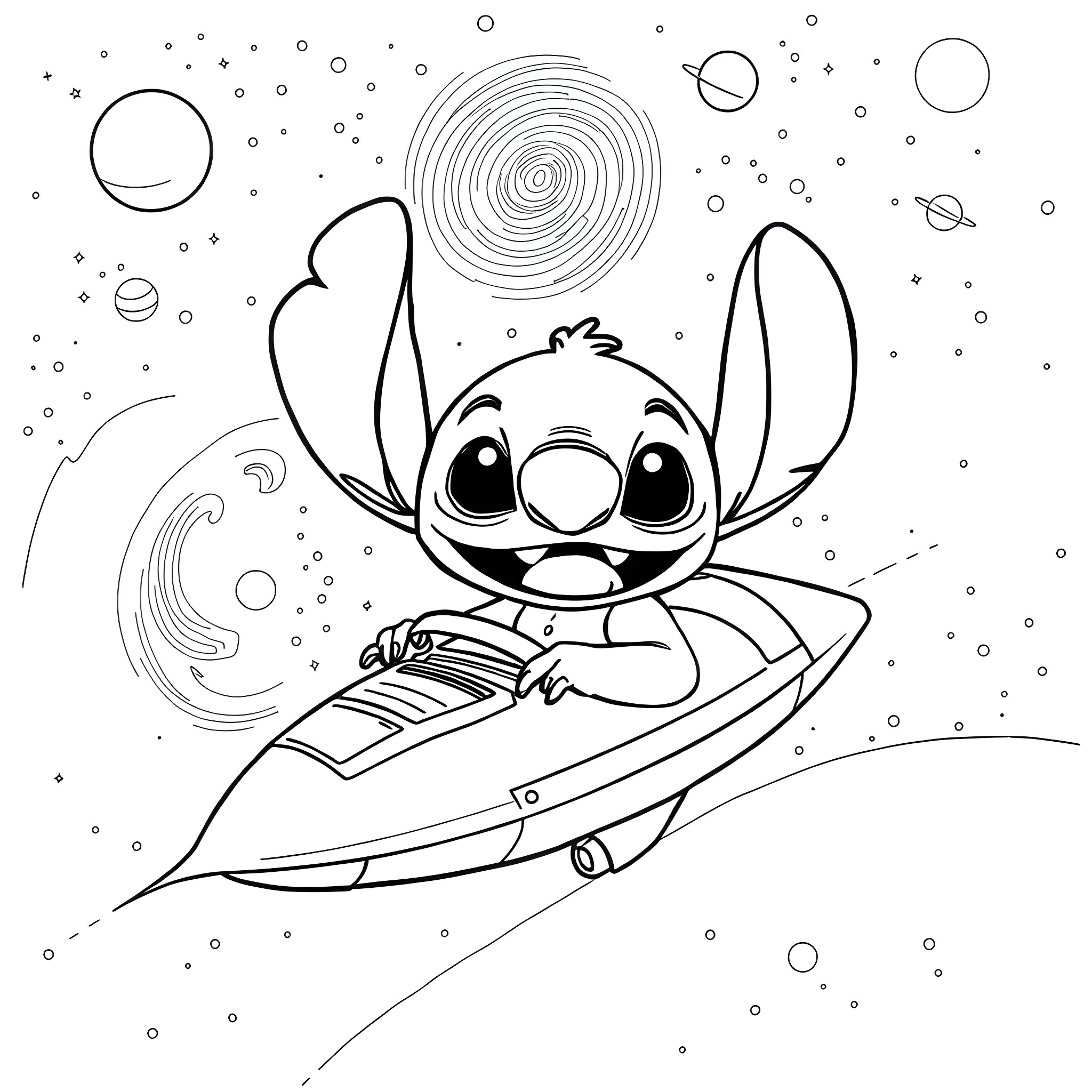 Stitch riding a spaceship through the galaxy Coloring Page (free black-and-white line drawing printable PDF for all, from beginners to advanced learners, including children, teens, adults, and seniors)