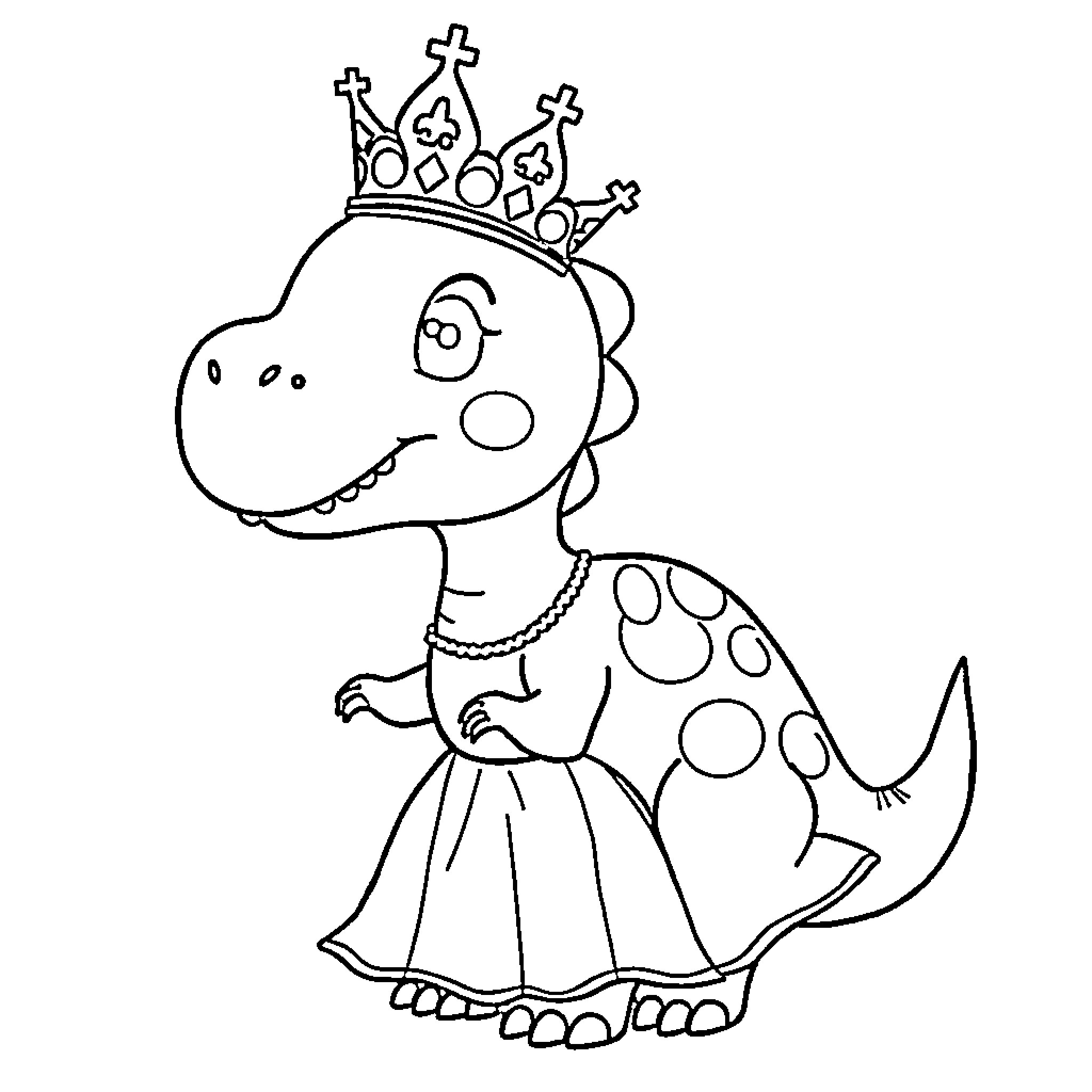 Princess Dinosaur in a crown and dress Coloring Page (free black-and-white line drawing printable PDF for all, from beginners to advanced learners, including children, teens, adults, and seniors)