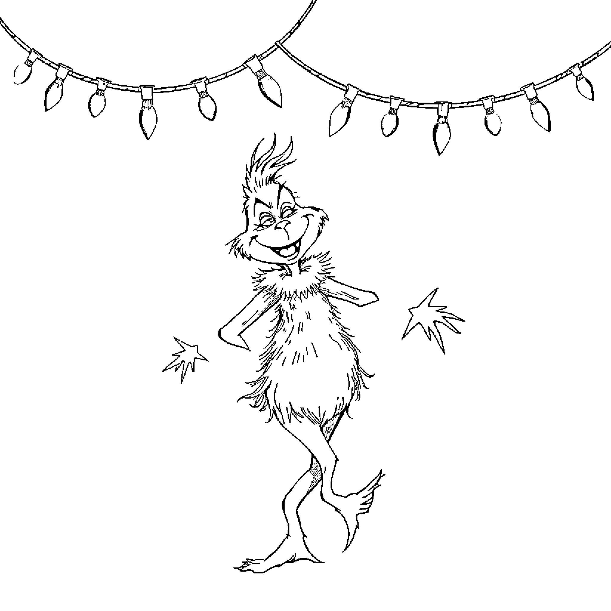 Grinch's Merry Mischief with Christmas Lights Coloring Page (free black-and-white line drawing printable PDF for all, from beginners to advanced learners, including children, teens, adults, and seniors)