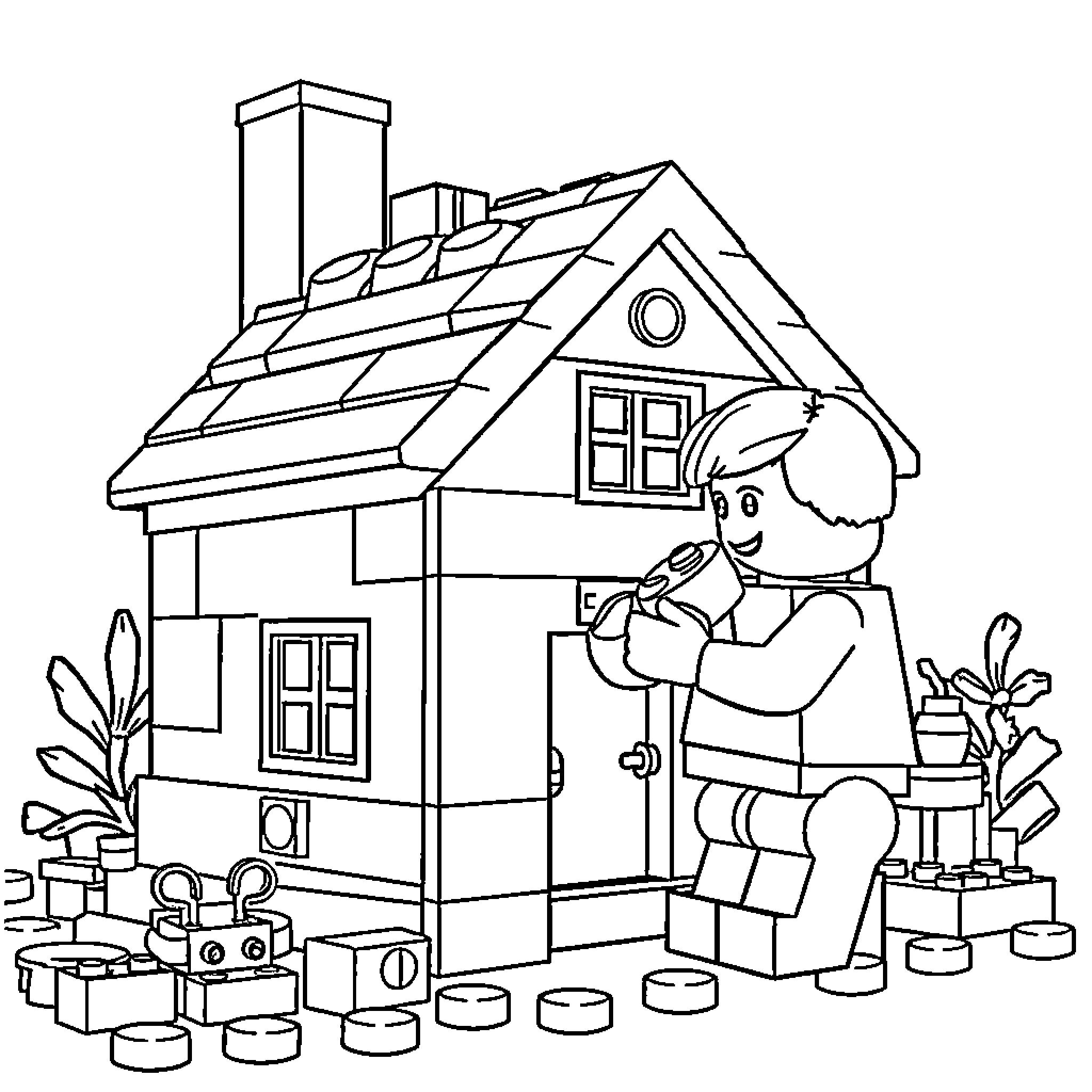 LEGO Figure fixing up a cozy house Coloring Page (free black-and-white line drawing printable PDF for all, from beginners to advanced learners, including children, teens, adults, and seniors)