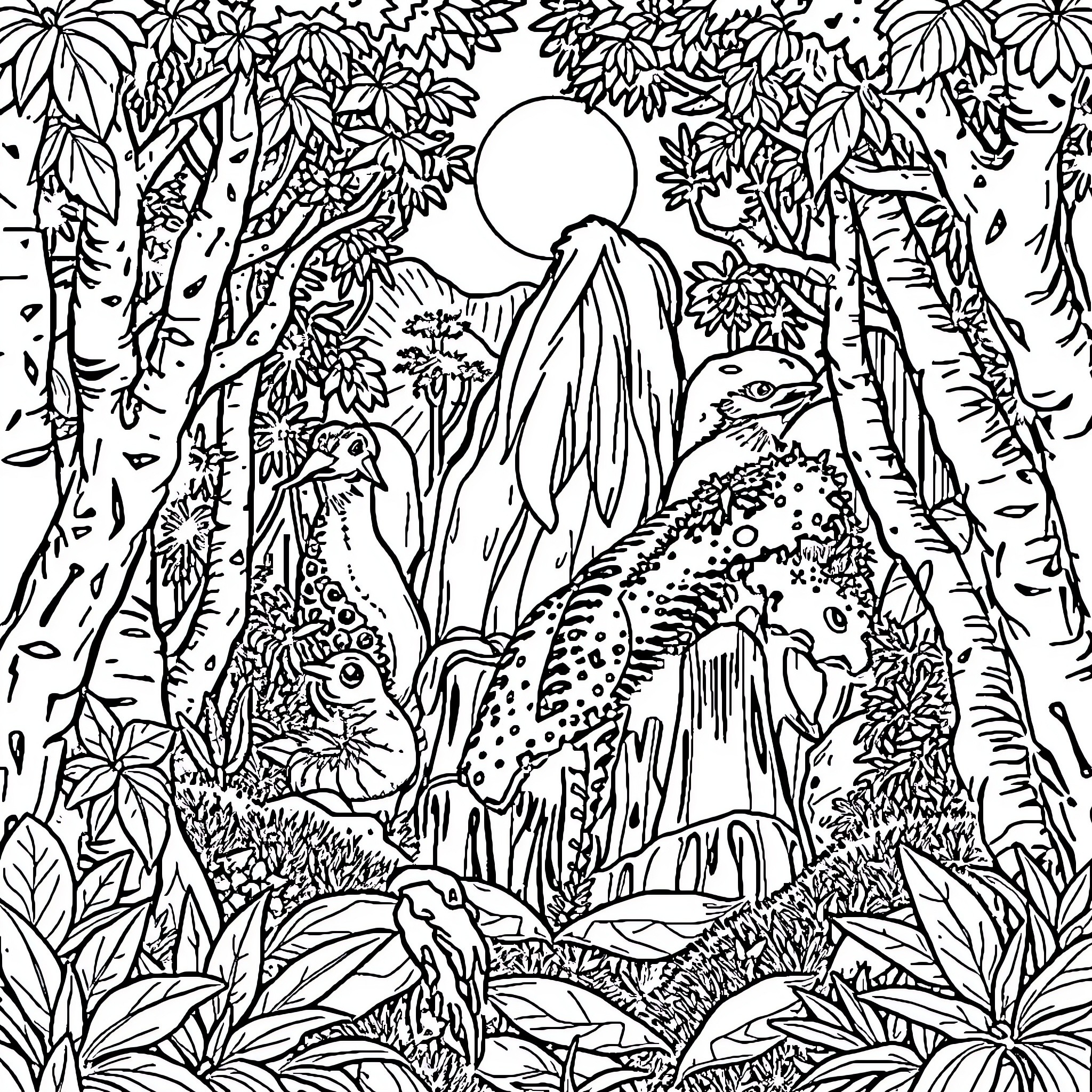 Rabbit exploring enchanted forest landscape Coloring Page (free black-and-white line drawing printable PDF for all, from beginners to advanced learners, including children, teens, adults, and seniors)