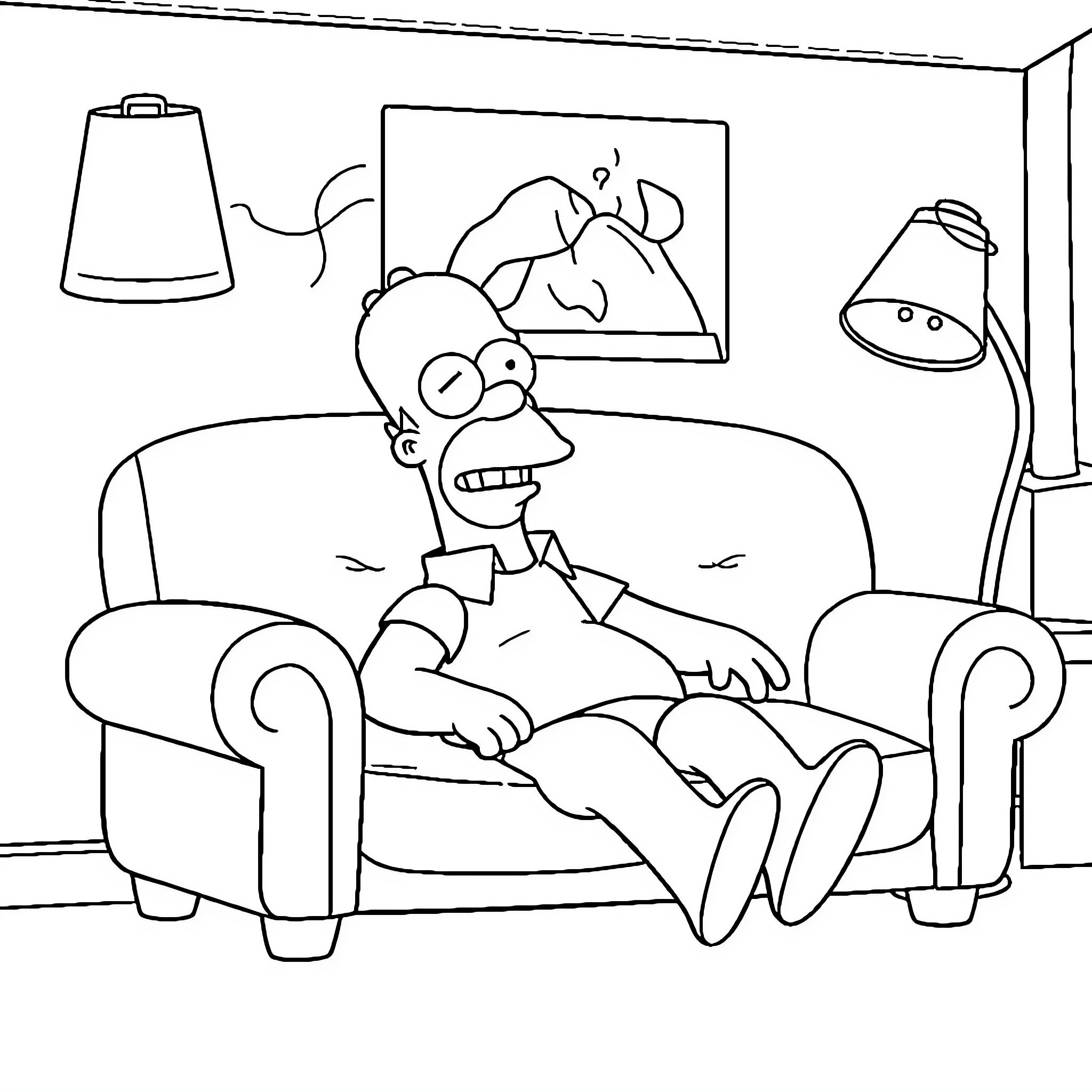 Homer lounging comfortably on the couch Coloring Page (free black-and-white line drawing printable PDF for all, from beginners to advanced learners, including children, teens, adults, and seniors)