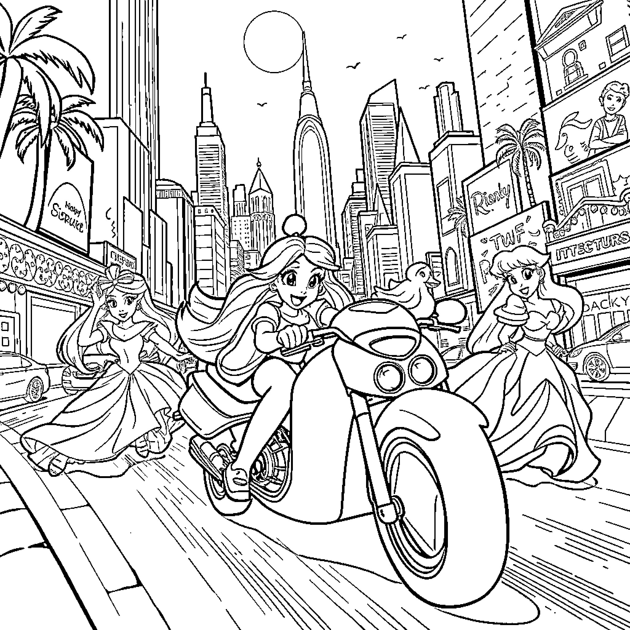 Princess Embarking on City Adventure Coloring Page (free black-and-white line drawing printable PDF for all, from beginners to advanced learners, including children, teens, adults, and seniors)