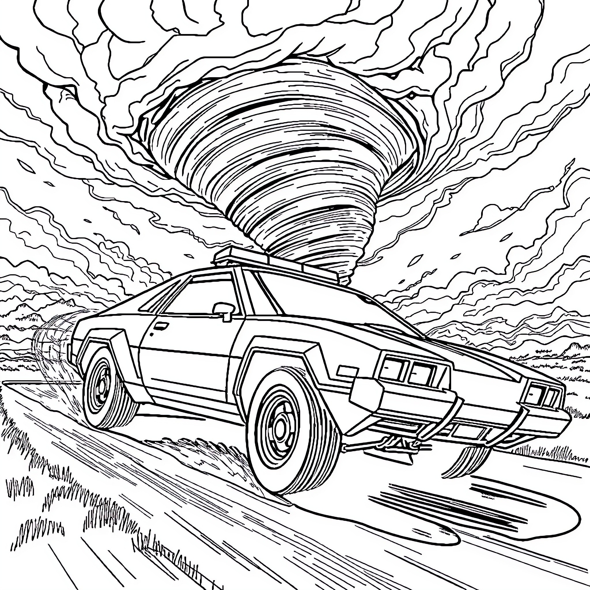 Tornado approaching car on a stormy road Coloring Page (free black-and-white line drawing printable PDF for all, from beginners to advanced learners, including children, teens, adults, and seniors)