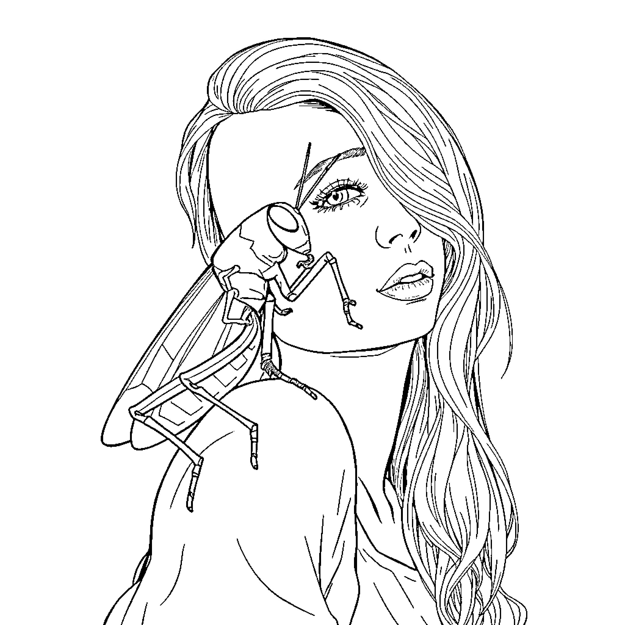 Grasshopper woman with flowing hair and contemplative expression Coloring Page (free black-and-white line drawing printable PDF for all, from beginners to advanced learners, including children, teens, adults, and seniors)